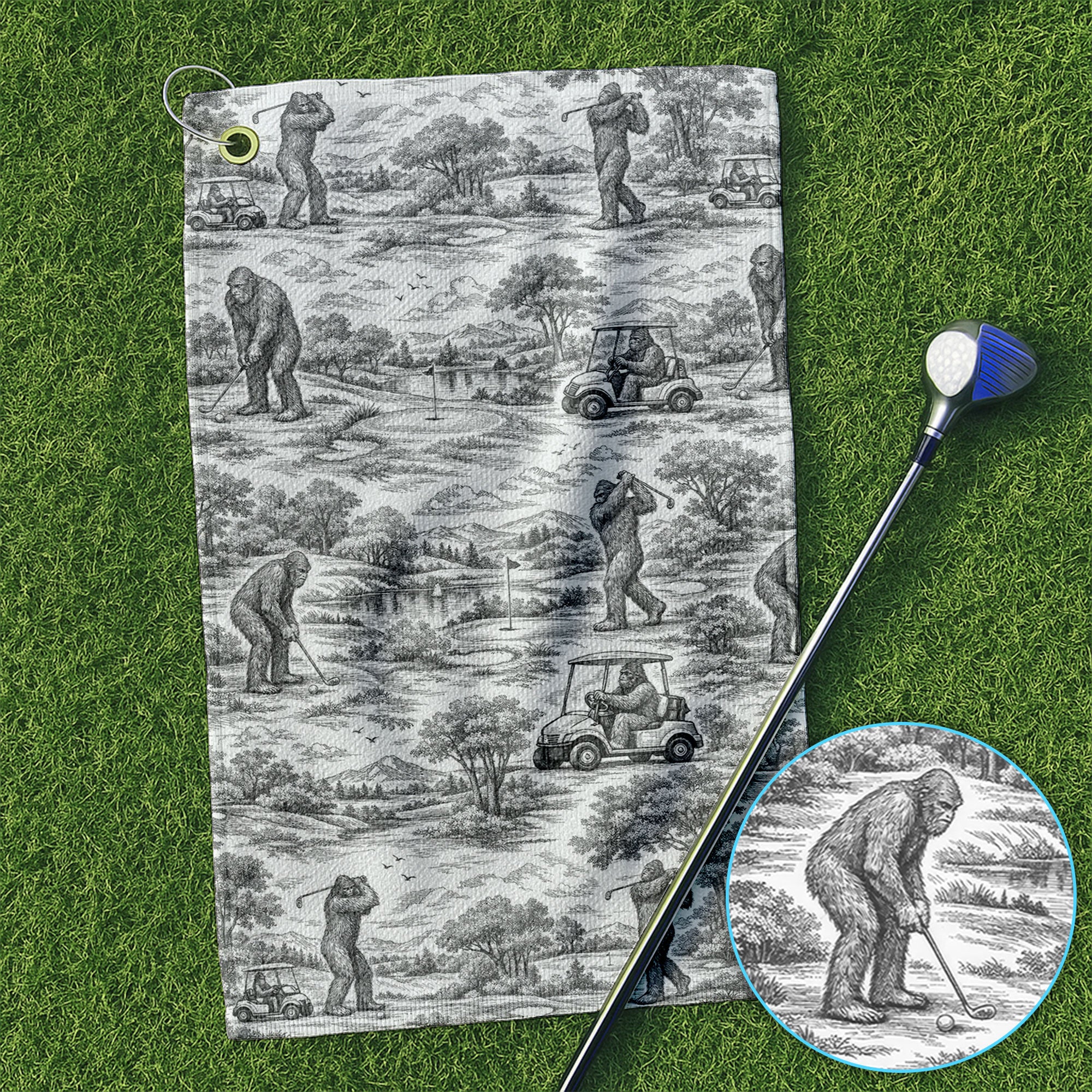 Crazy Bigfoot Pattern Golf Towel, Funny Sasquatch Golf Towels For Men, Golf Gift For Golfer