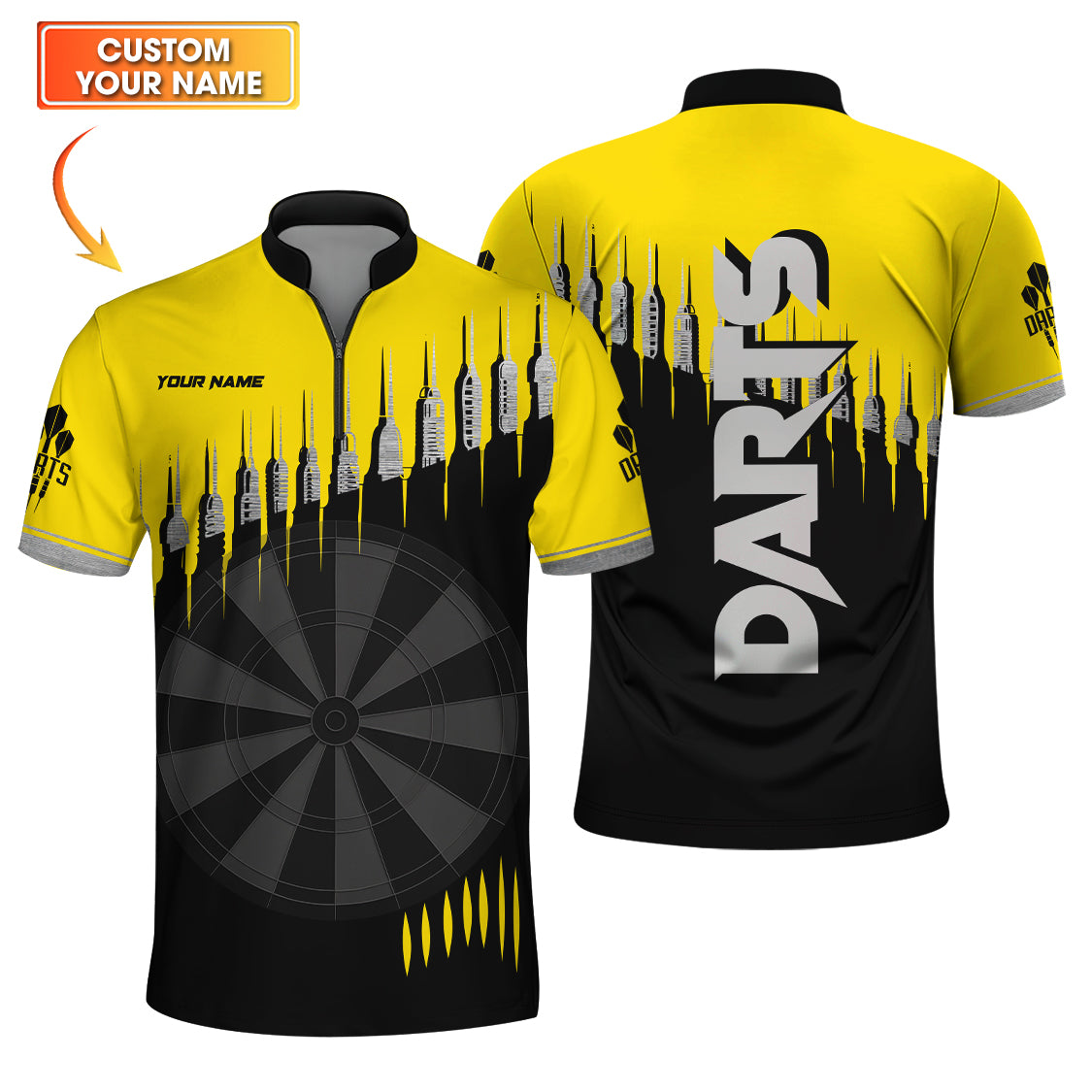Custom Name Dart Jersey for Players, Yellow Darts Polo Shirt, Cool Dartboard Gift for Men