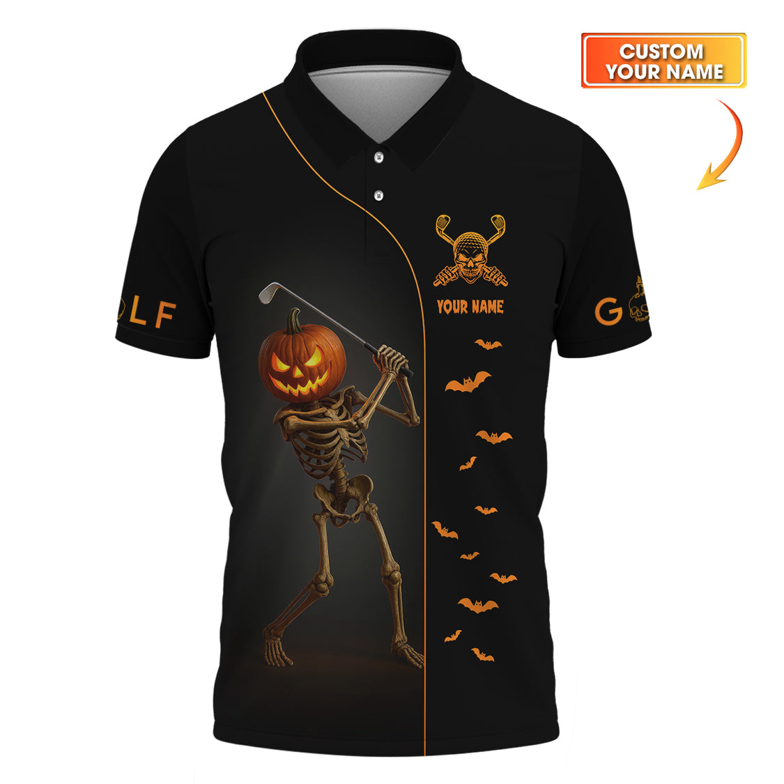 Custom Name Golf Polos, Halloween Skeleton Golf Shirt, Crazy Golf Shirts For Men's