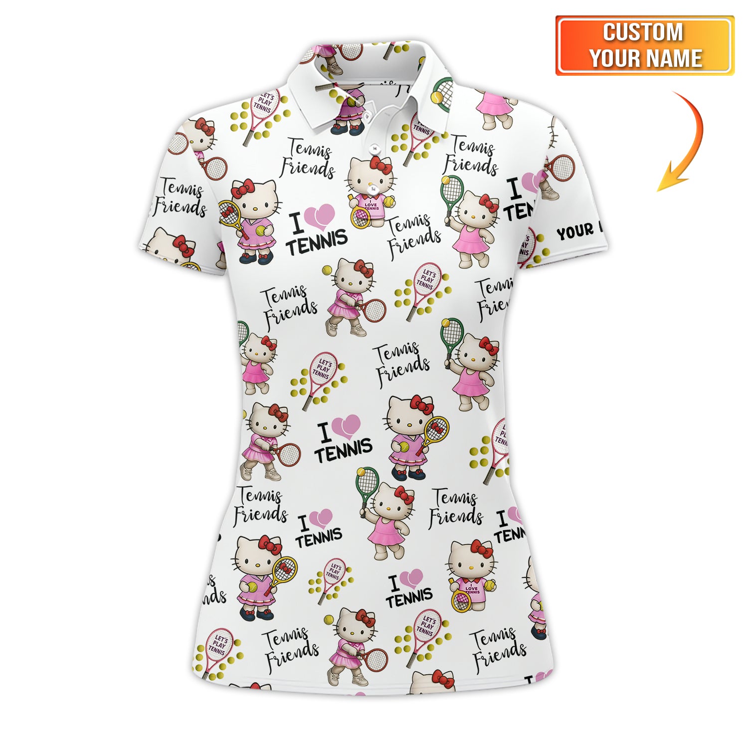 Hello Kitty Tennis Polo Shirt for Women - 'I Love Tennis' Pattern Funny Tennis Gift for Her