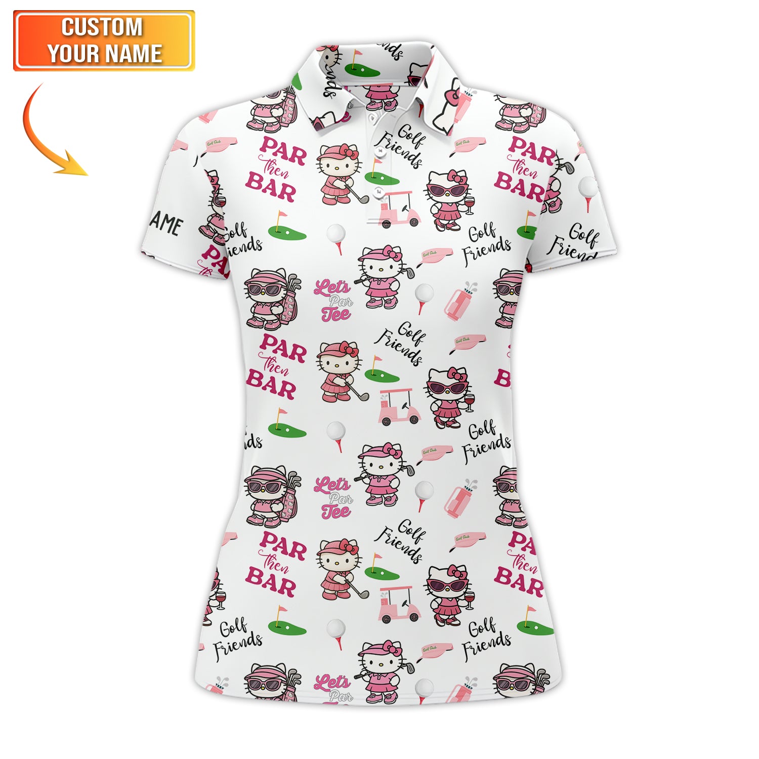 Hello Kitty Golf and Wine Shirt, Personalized Ladies’ Golf Polo, Funny Gift for Golf Friends or Women’s Golf Team