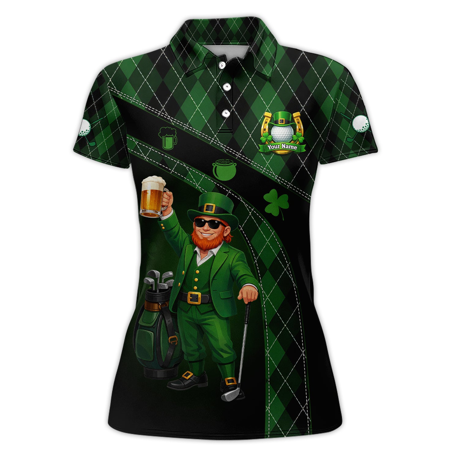 Personalized Shamrock Beer Golf Shirt For Women, St Patrick Green Leprechaun Golf Bag Beer Pattern Golf Polos, Golf Gift For Golfer