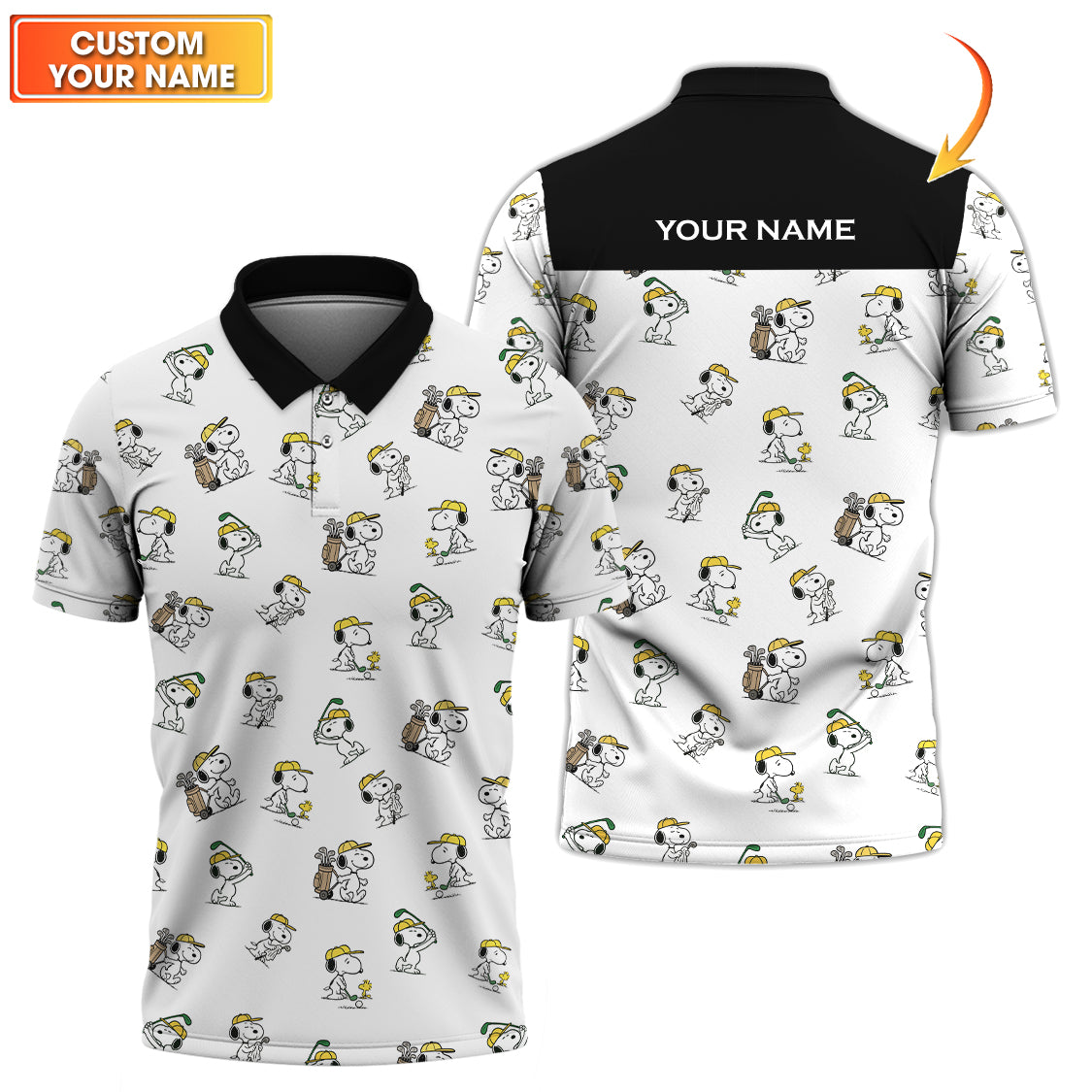 Custom Name Pattern Snoopy Golf Shirt, Peanuts Golf Polos, Golf Gift For Men's, Crazy Golf Shirts