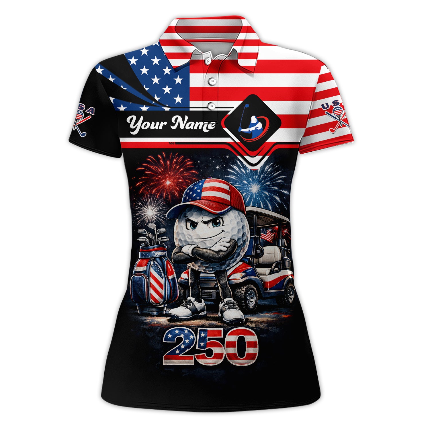 Personalized USA Flag Golf Shirt For Women, American Patriotic Fireworks Golf Ball Pattern Golf Polos, Independence Day Golf Gift For Golfer