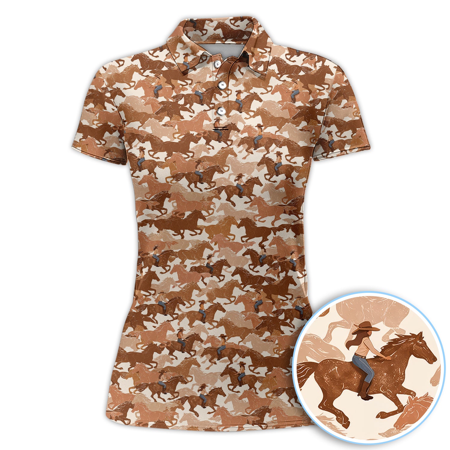 Western Horse Rider Pattern Polo Shirt, Western Print Golf Shirt For Women, Golf Gift For Golfer