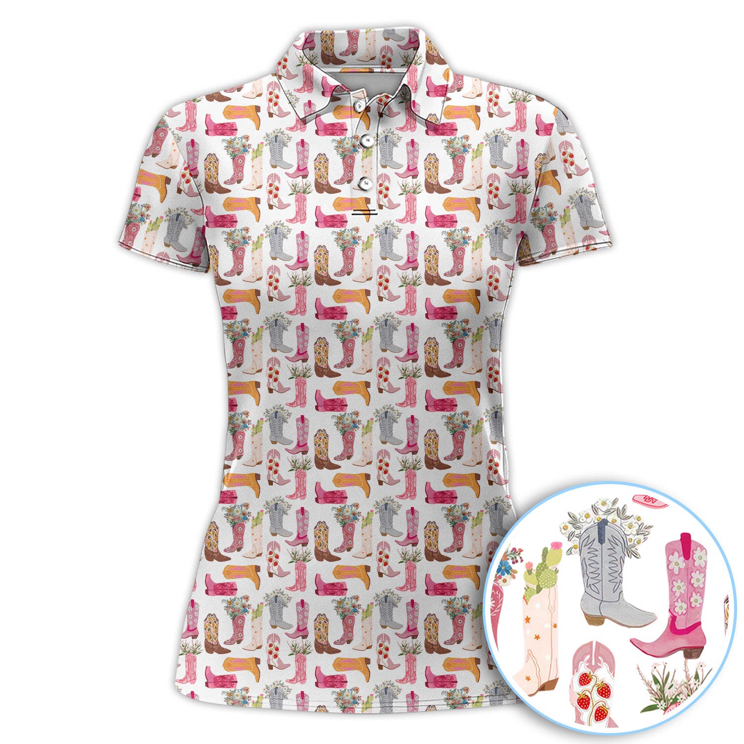 Vintage Western Cowboy Boots Print Shirt, Cowgirl Western Style Shirt For Women, Pattern Golf Shirt