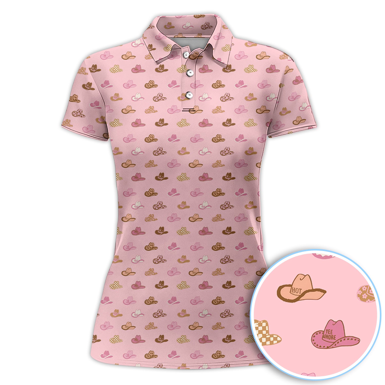 Pink Cowgirl Hat All Over Print Shirt, Western Howdy Style Shirt For Women, Pattern Golf Shirt