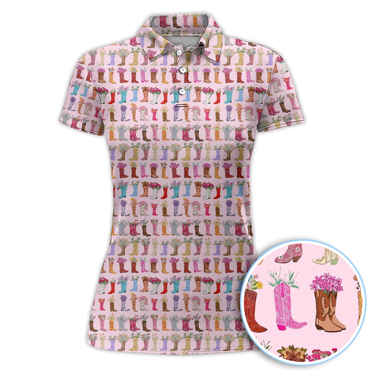 Cowgirl Boots Western Golf Shirt, Cute Floral Cowboy Boots Pattern Polo Shirt For Women