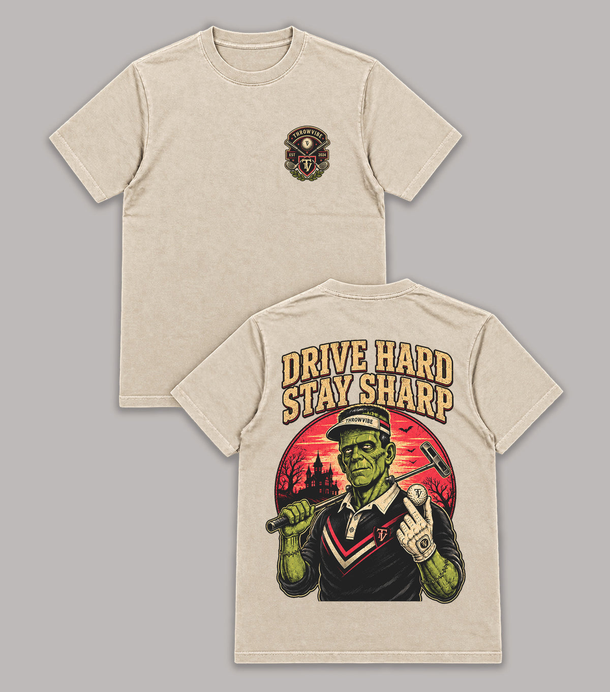 Drive Hard Stay Sharp Frankenstein Golf T-Shirt