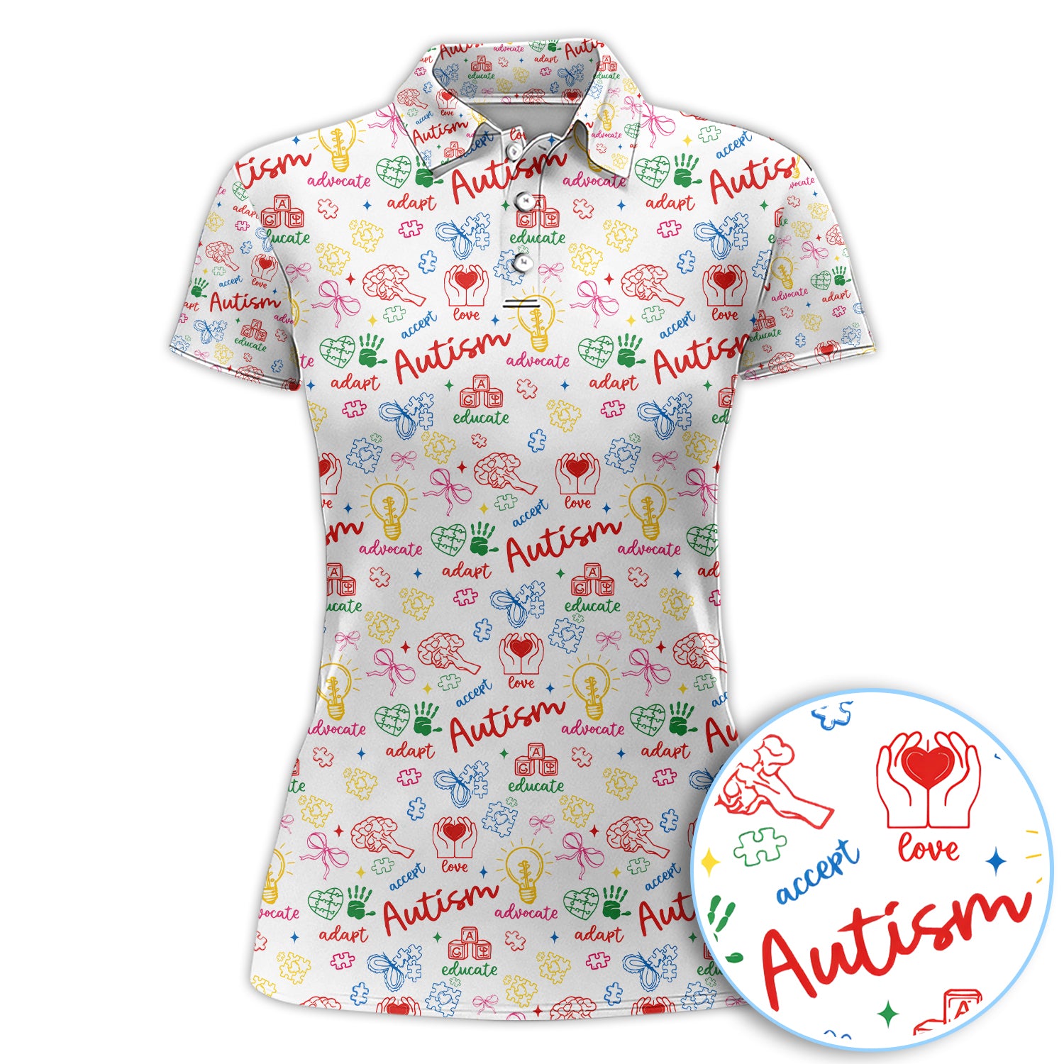 Autism Awareness Women Polo Shirt, Accept Love Educate Advocate Autism Pattern Shirt, Autism Gift