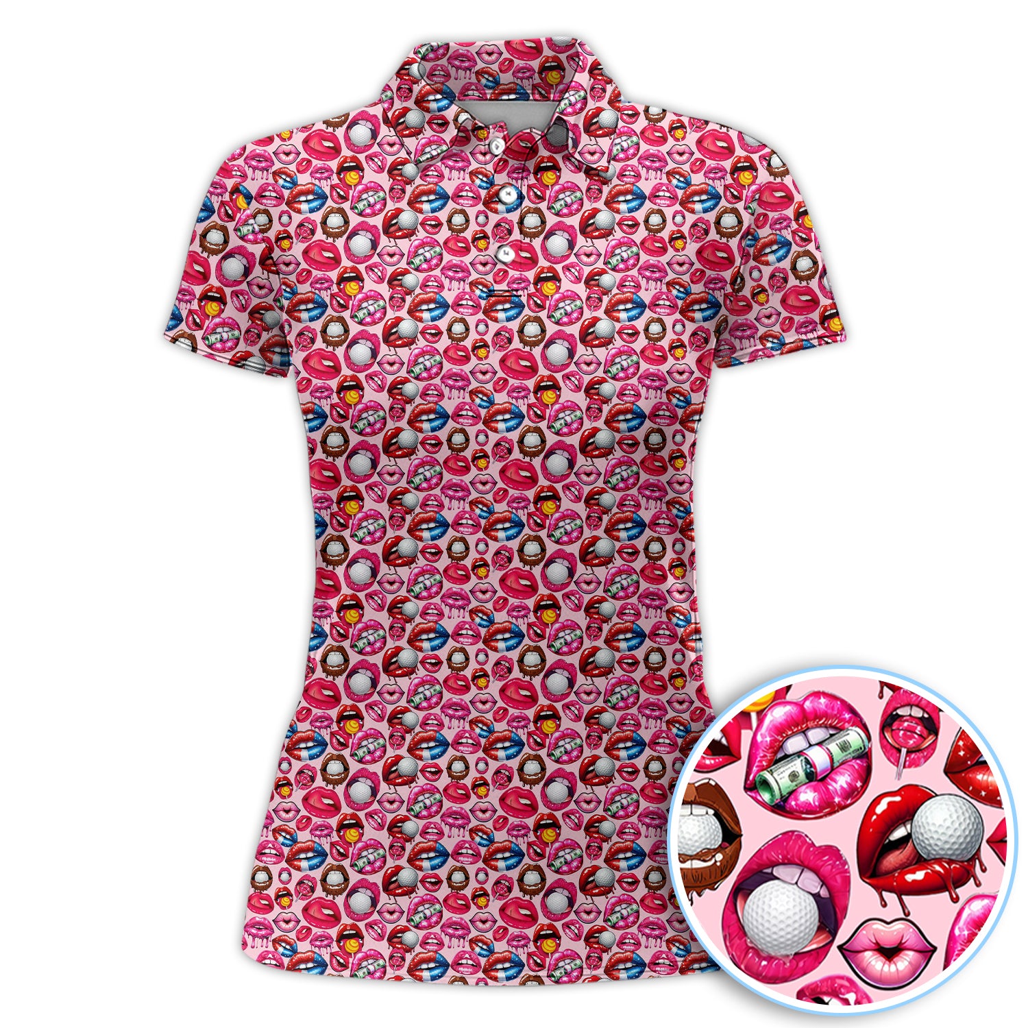 Funny Lips and Golf Ball Pattern Polo Shirt, Cute Golf Print Golf Shirt For Women