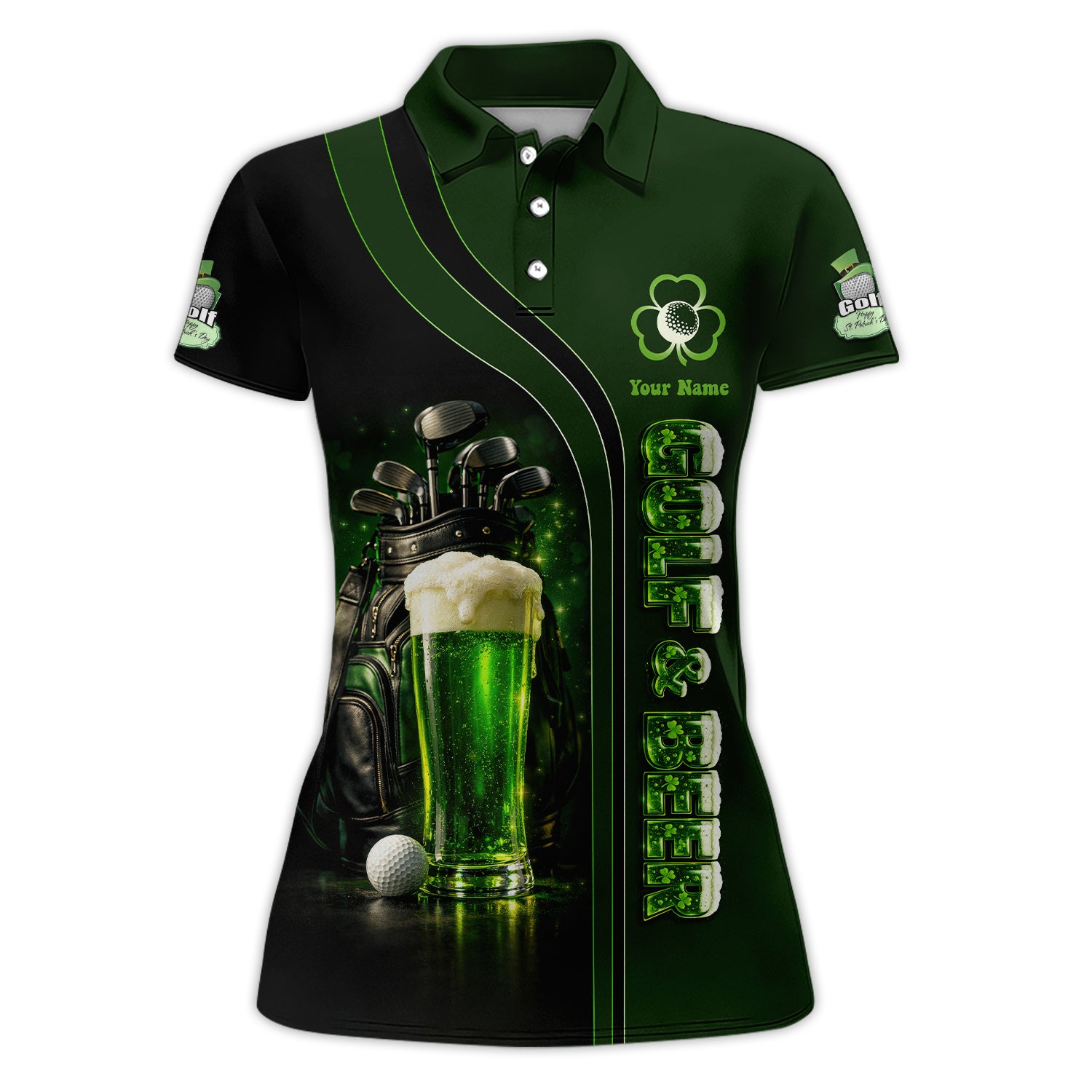 Personalized Shamrock Beer Golf Shirt For Women, St Patrick Green Golf Bag Beer Pattern Golf Polos, Golf Gift For Golfer