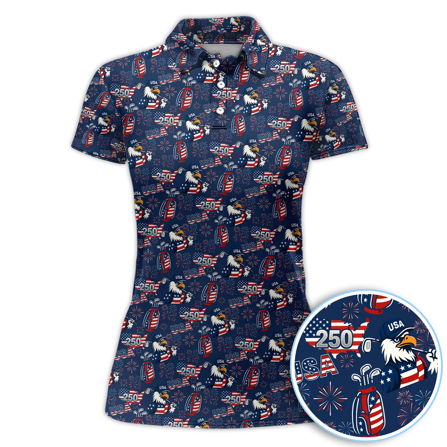 Patriotic Bald Eagle American Flag Shirt, 250 USA Birthday Pattern Golf Polos, Crazy Golf Shirt For Women