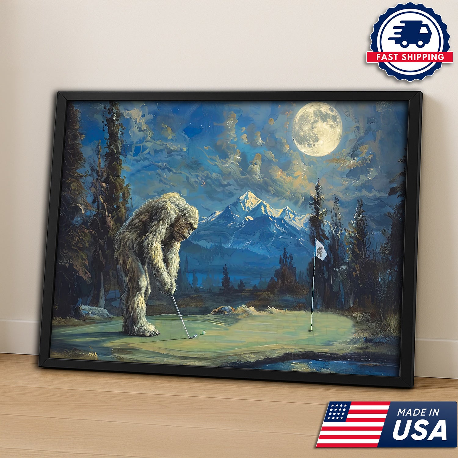 Bigfoot Golf Wall Decor, Sasquatch Golfing Canvas For Men, Golf Gift For Golfer