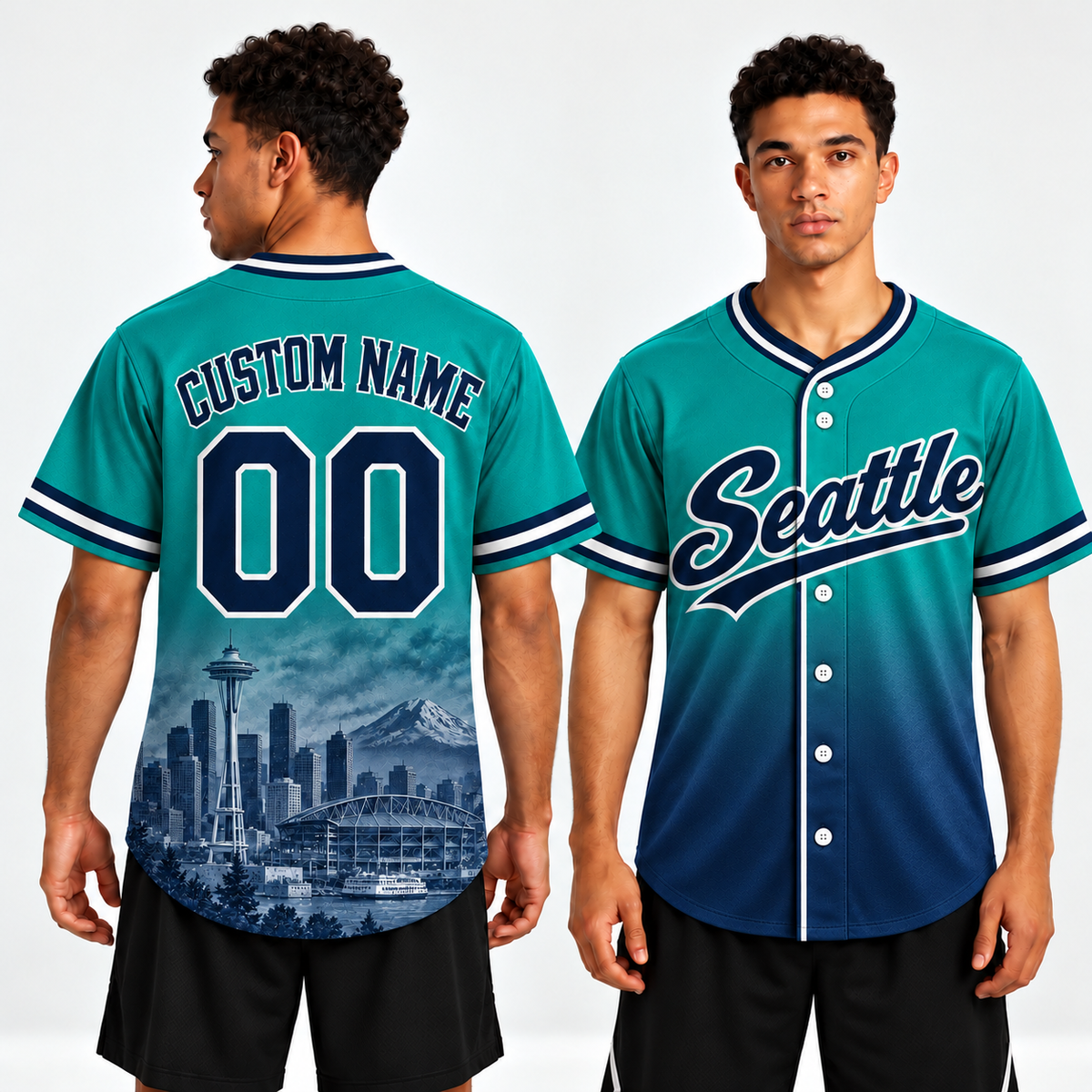 Custom Seattle Skyline Ombre Baseball Jersey