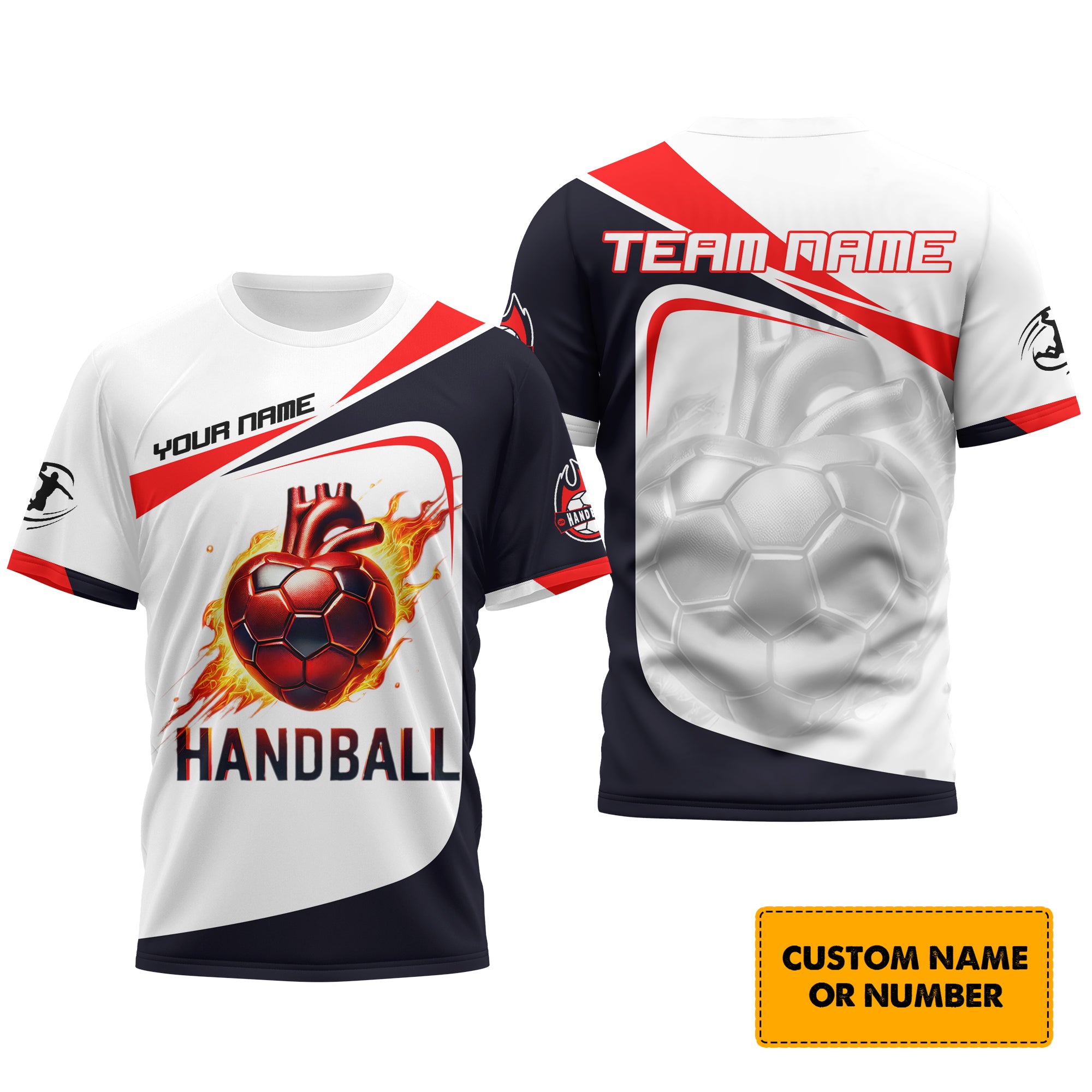 Custom fire heart Handball T-Shirt 3D Design Name And Team, Lightweight Sportswear, Gift For Sports Fan