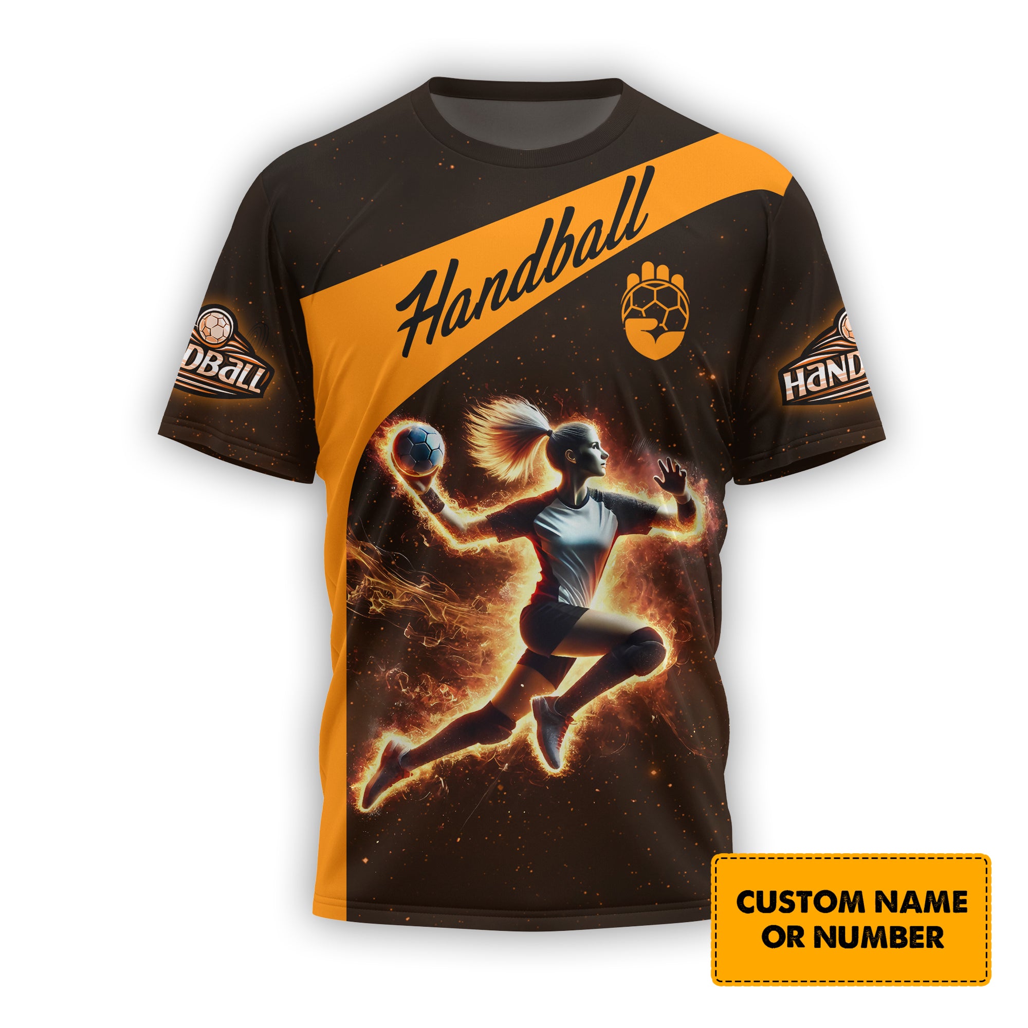 Custom Name & Number Yellow Handball Player Women T-Shirt 3D Design, Handball Polo Shirt, Lightweight Sportswear, Gift For Sports Fan