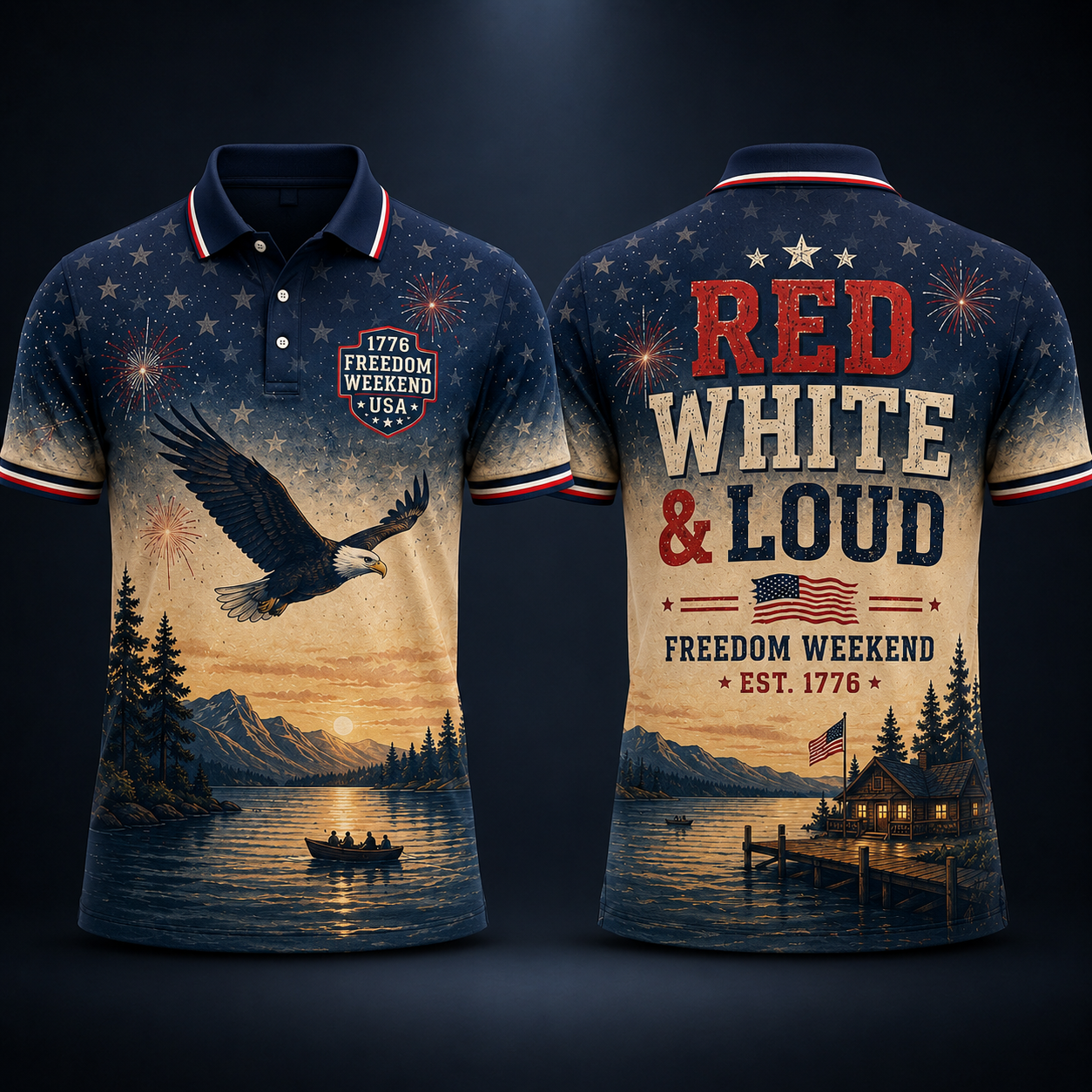 Patriotic Polo Shirt for Men – Red White & Loud Freedom Weekend Eagle Lake Sunset 4th of July Party Polo for Dad, BBQ, Lake Trip, Summer Vacation Gift