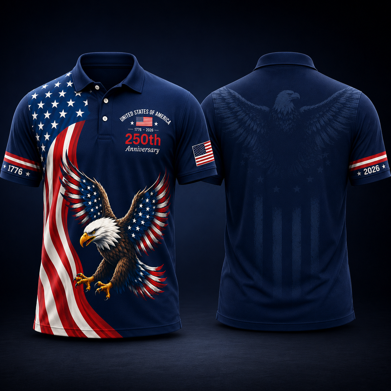 America 250 Eagle Polo Shirt for Men – Patriotic USA Flag Golf Shirt, 4th of July Dad Gift