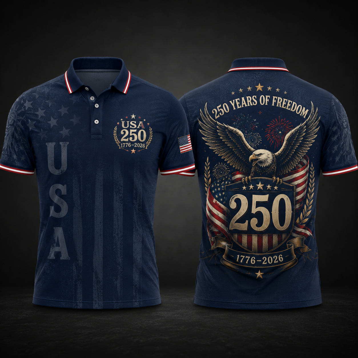 Patriotic Polo Shirt for Men – America 250 Years of Freedom Eagle Polo, USA 250th Anniversary 1776–2026 Party Shirt