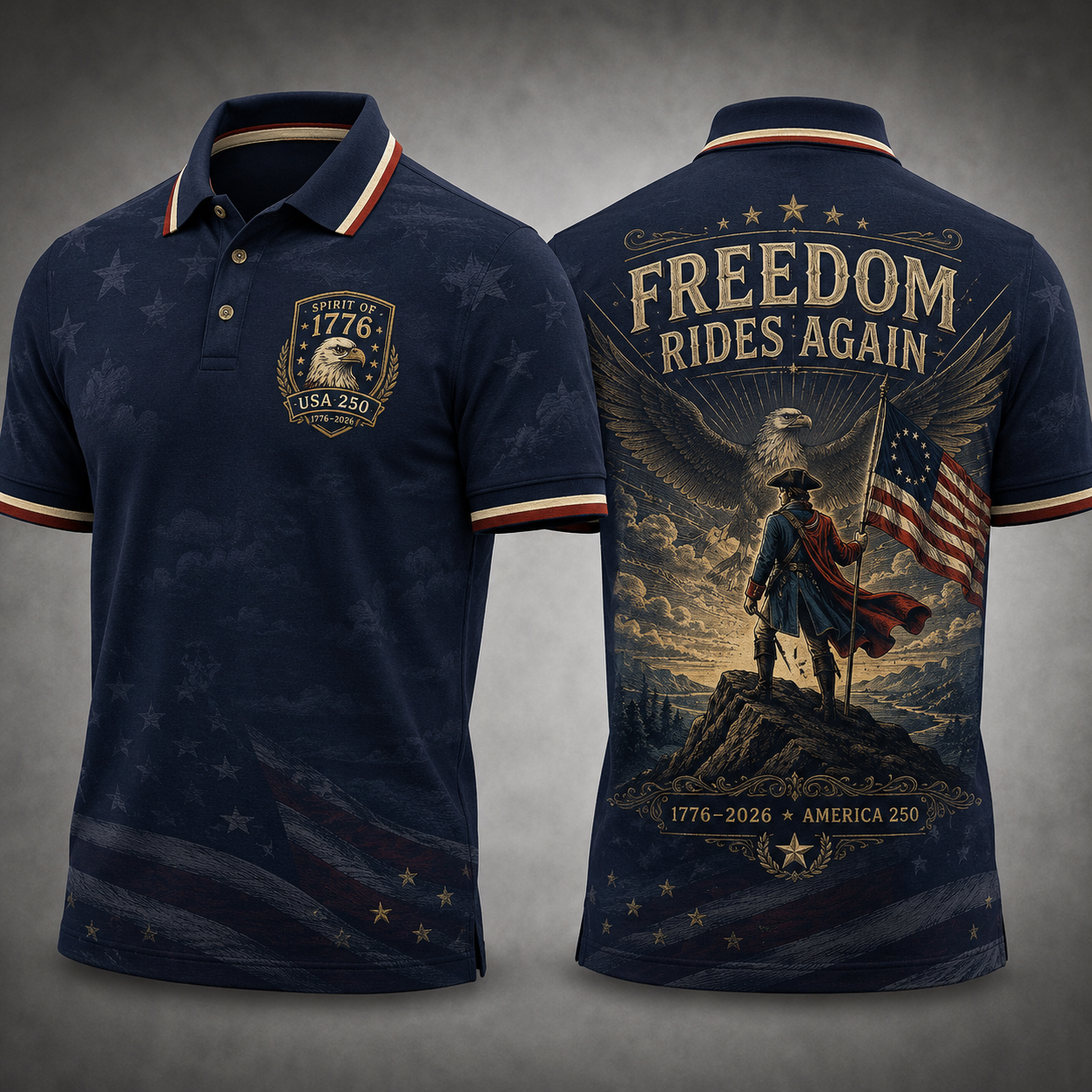 Patriotic Polo Shirt for Men – Spirit of 1776 Freedom Rides Again USA 250th Anniversary 4th of July Party Polo