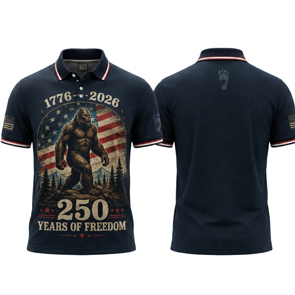 Patriotic Bigfoot Polo Shirt for Men – USA 250 Years of Freedom Sasquatch 1776–2026 Anniversary Party Polo