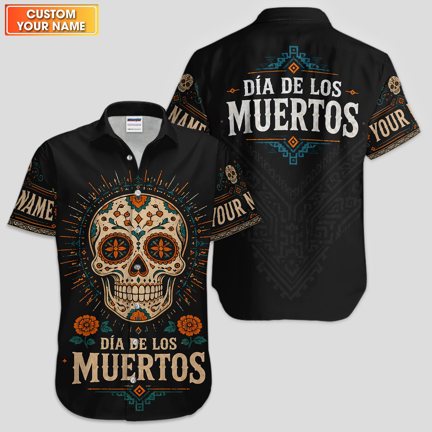 Personalized Día de los Muertos Hawaiian Shirt – Custom Name Sugar Skull Button Up Shirt, Mexican Heritage Party Shirt