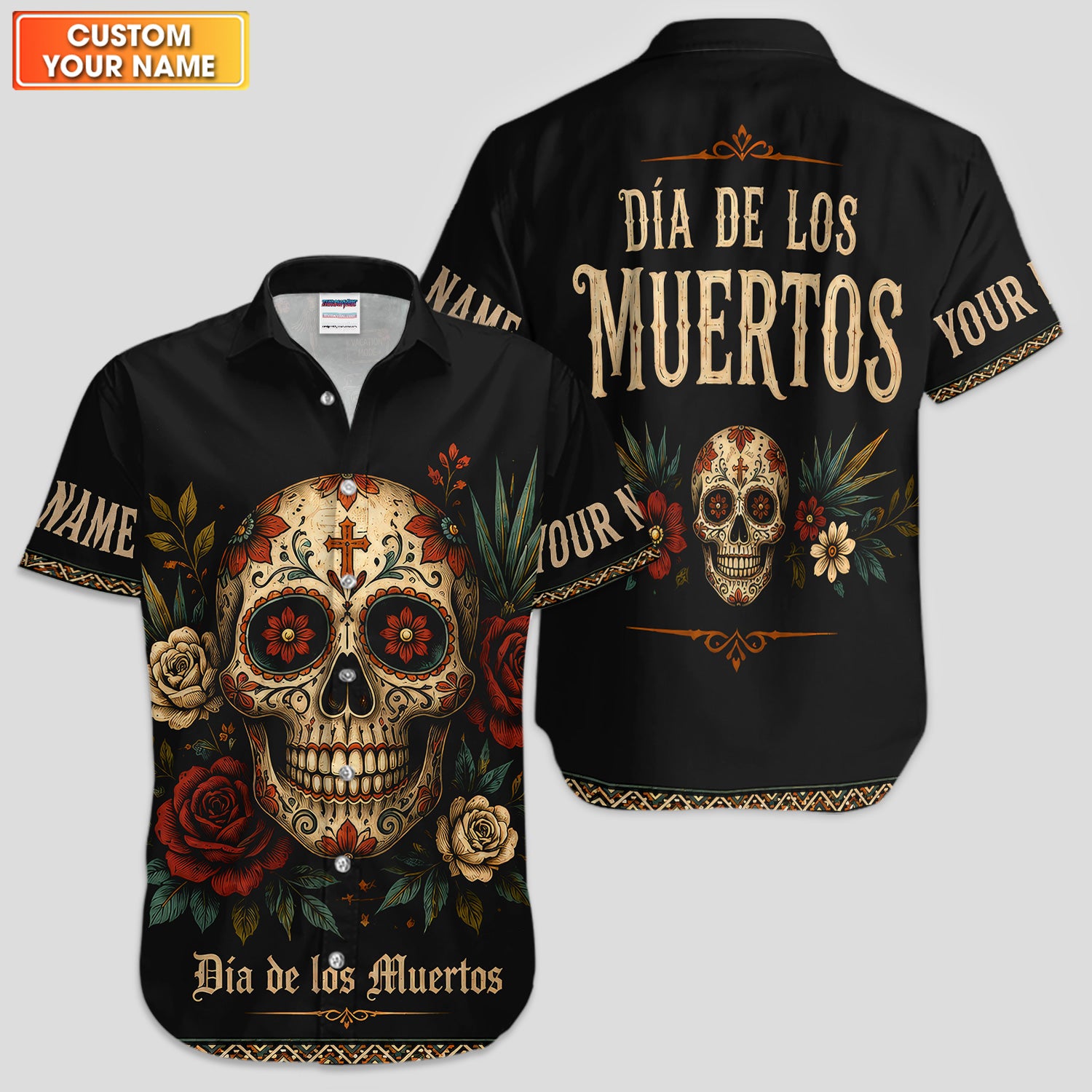 Personalized Sugar Skull Hawaiian Shirt, Día de los Muertos Floral Button Up Shirt For Men