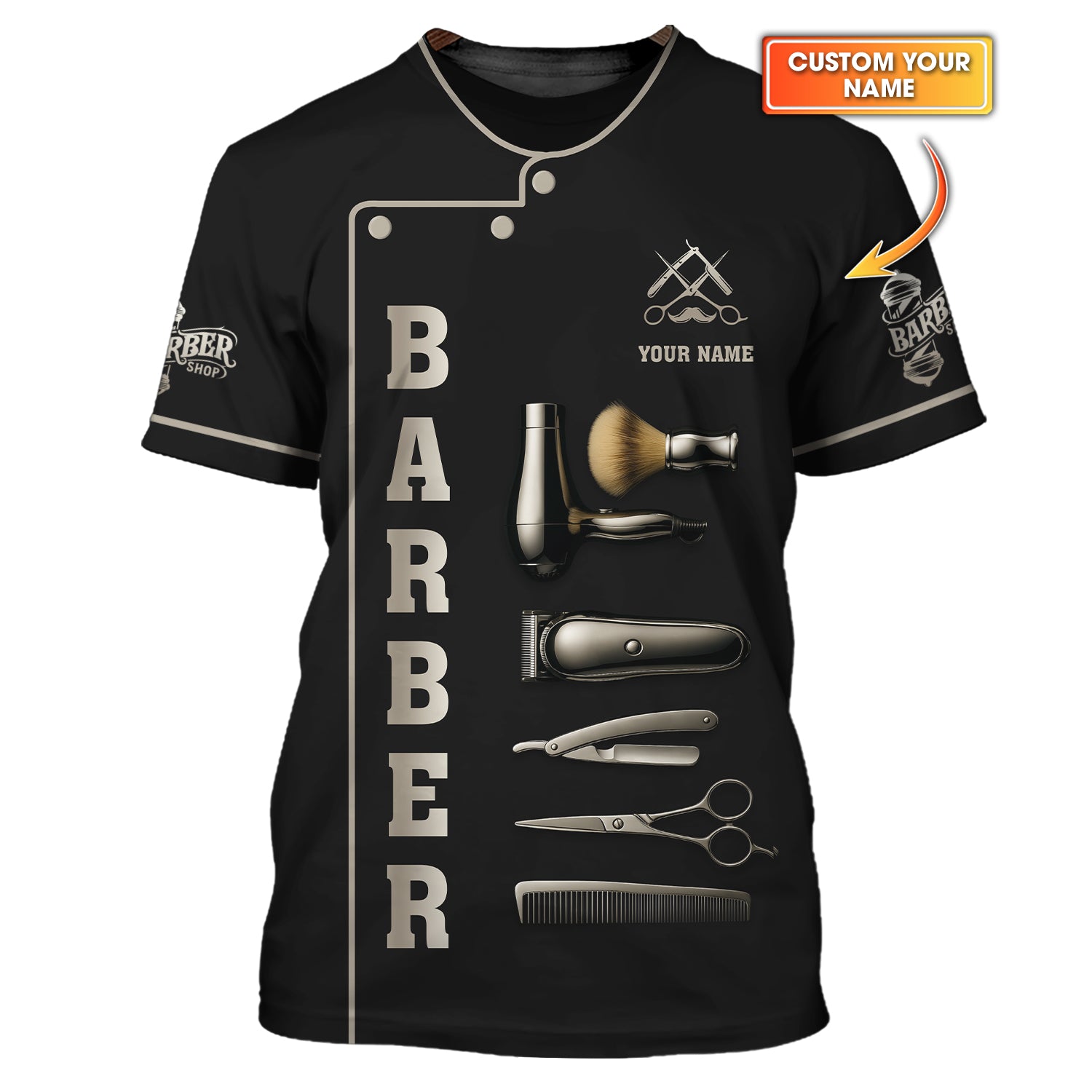 Personalized Barber Uniform With Barber Tools, Barber Shirt For Men, Custom Name Barber Shop Shirt, Gift For Barbers