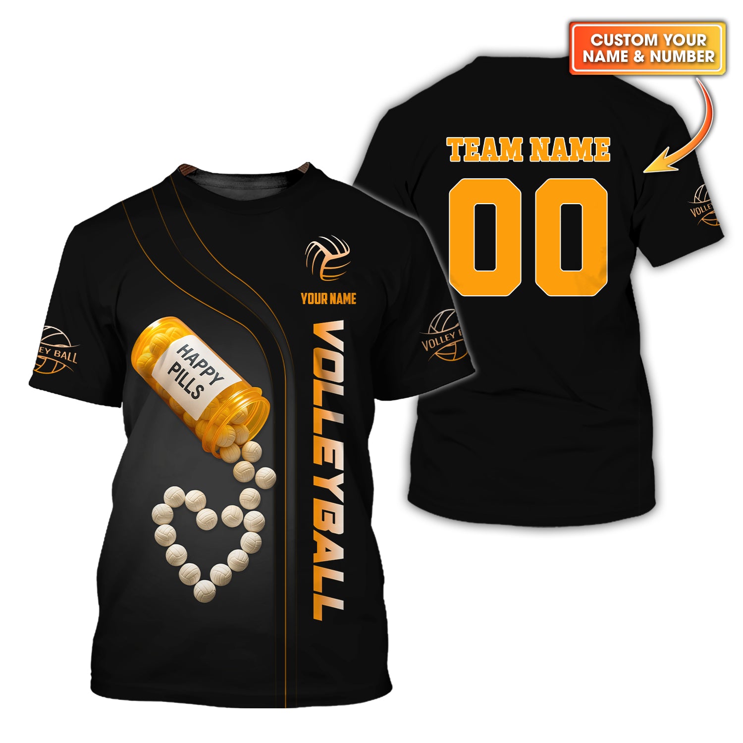 Funny Volleyball Shirt – Happy Pills Design – Personalized Team Name & Number Jersey Tee