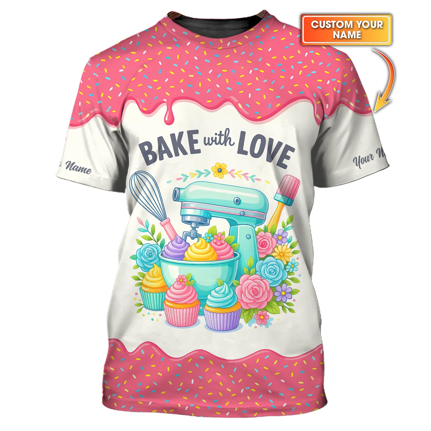 Bake With Love Custom Name T-Shirt, Baking Shirt Gift for Bakers & Cupcake Lovers