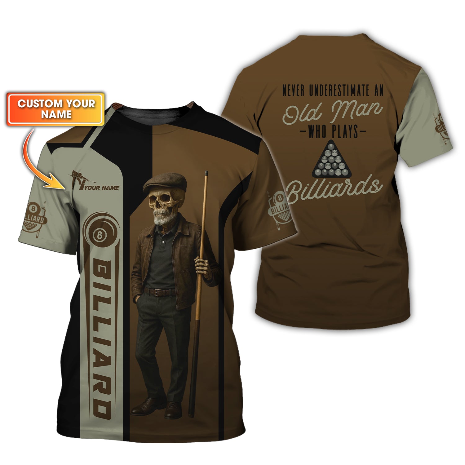 Custom Billiards Shirt, Skeleton Pool T Shirt, Never Underestimate Old Man, Gift For Billiards Player