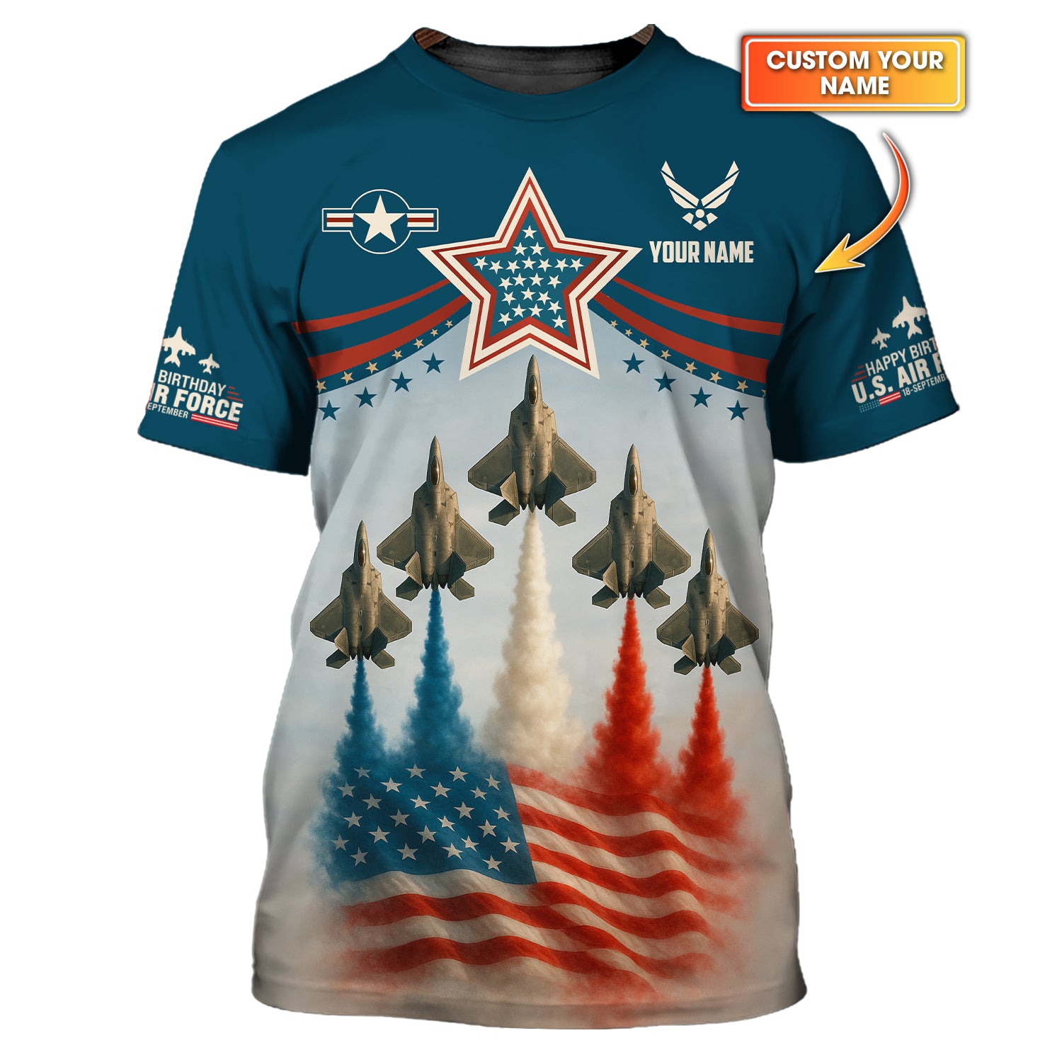 Custom Name Jet Flyover American Flag Patriotic Shirt, U.S. Air Force Polo For Veteran