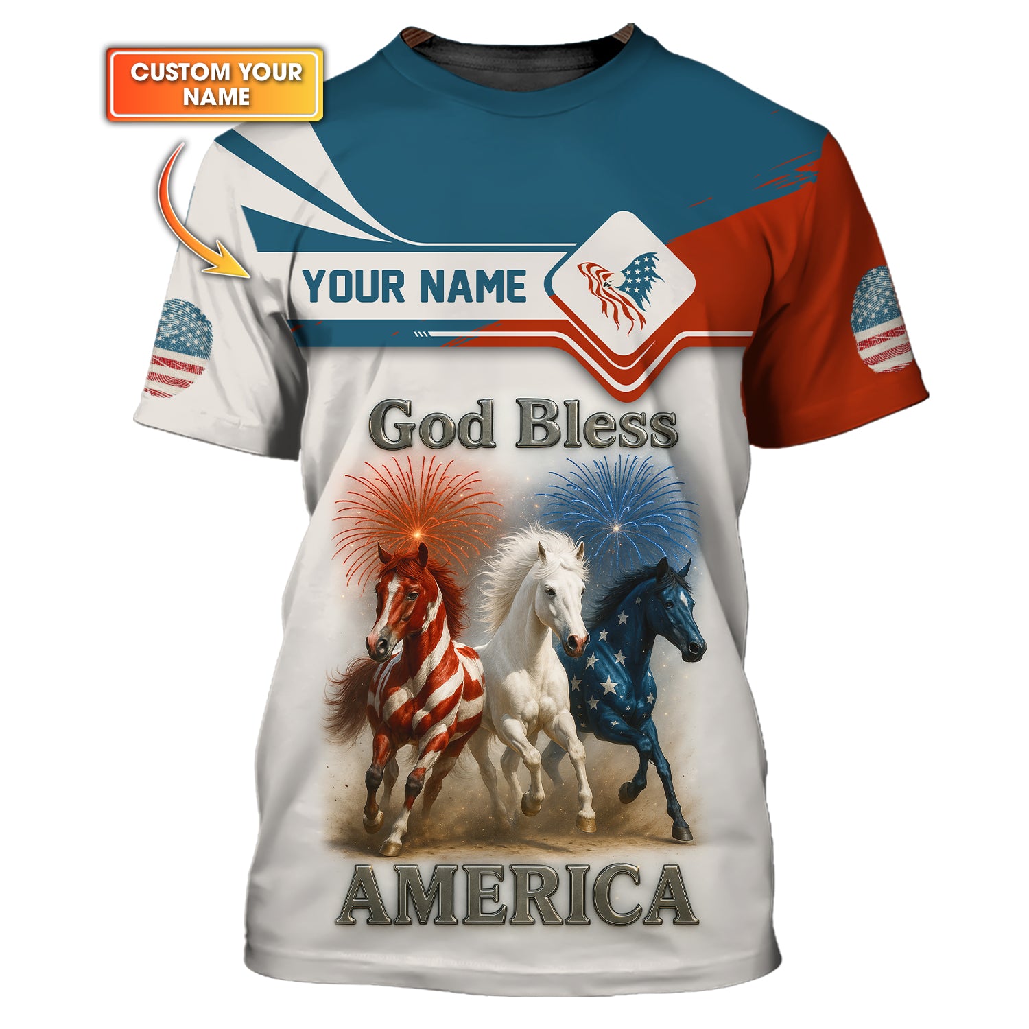 God Bless America Shirt, Patriotic Horses With USA Flag Custom Name Shirts For American
