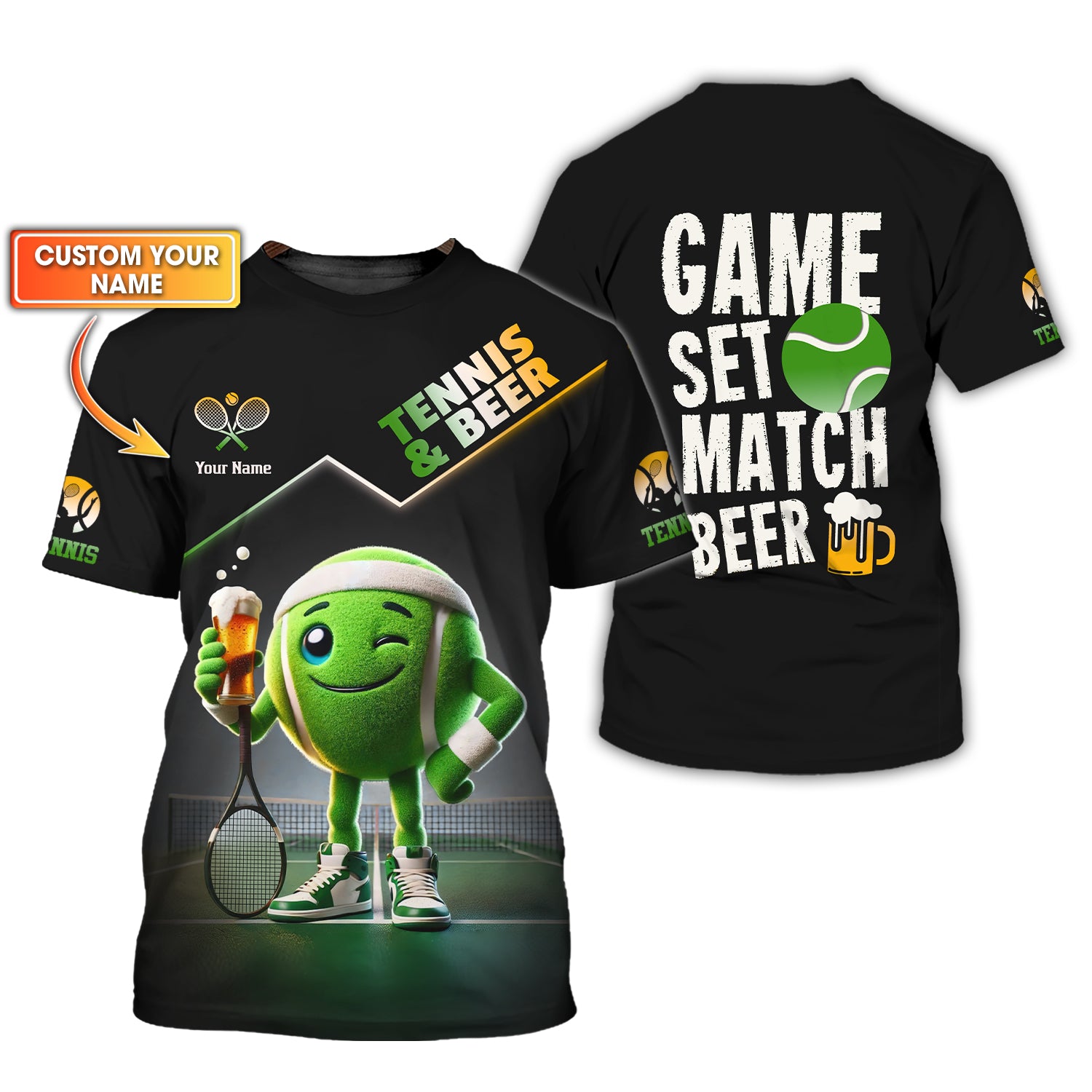 Funny Tennis Beer Shirt – Game Set Match Design – Custom Name Tee for Tennis Lovers