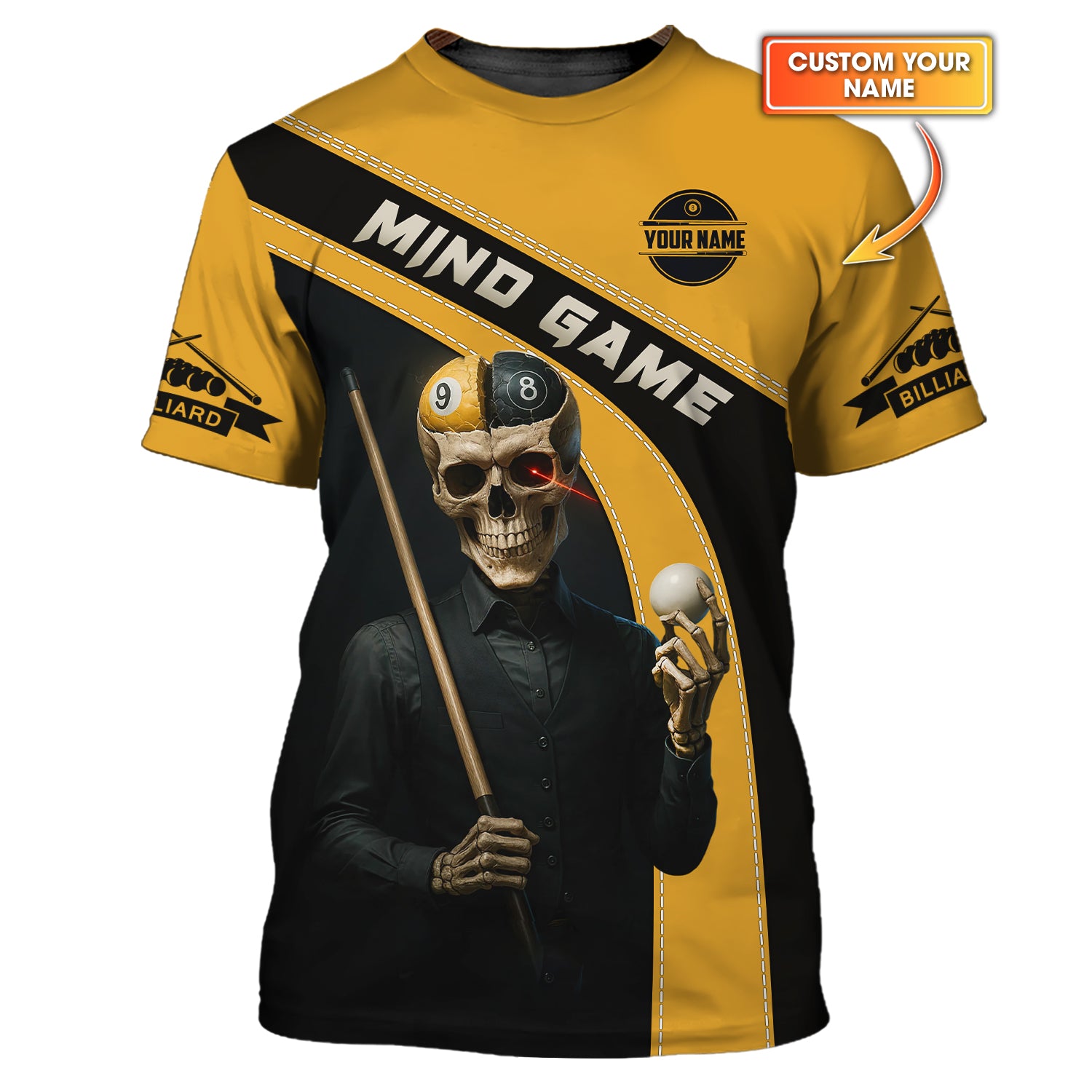Custom Name Billiard Shirt – Skeleton Skull Design – Mind Game 9 Ball Pool Tee