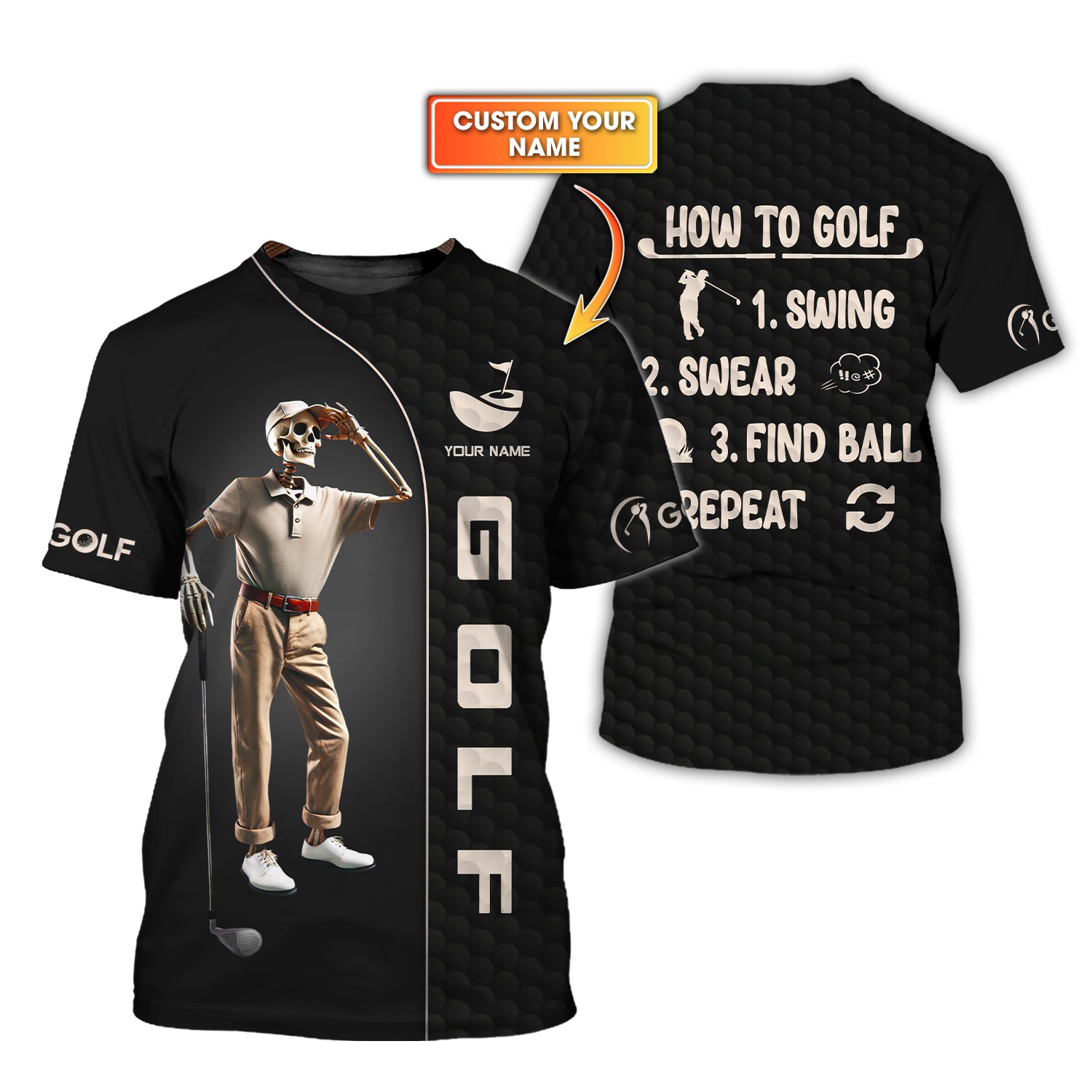 Funny Skeleton Golf Shirt – How to Golf Steps – Custom Name Tee for Players & Beer League