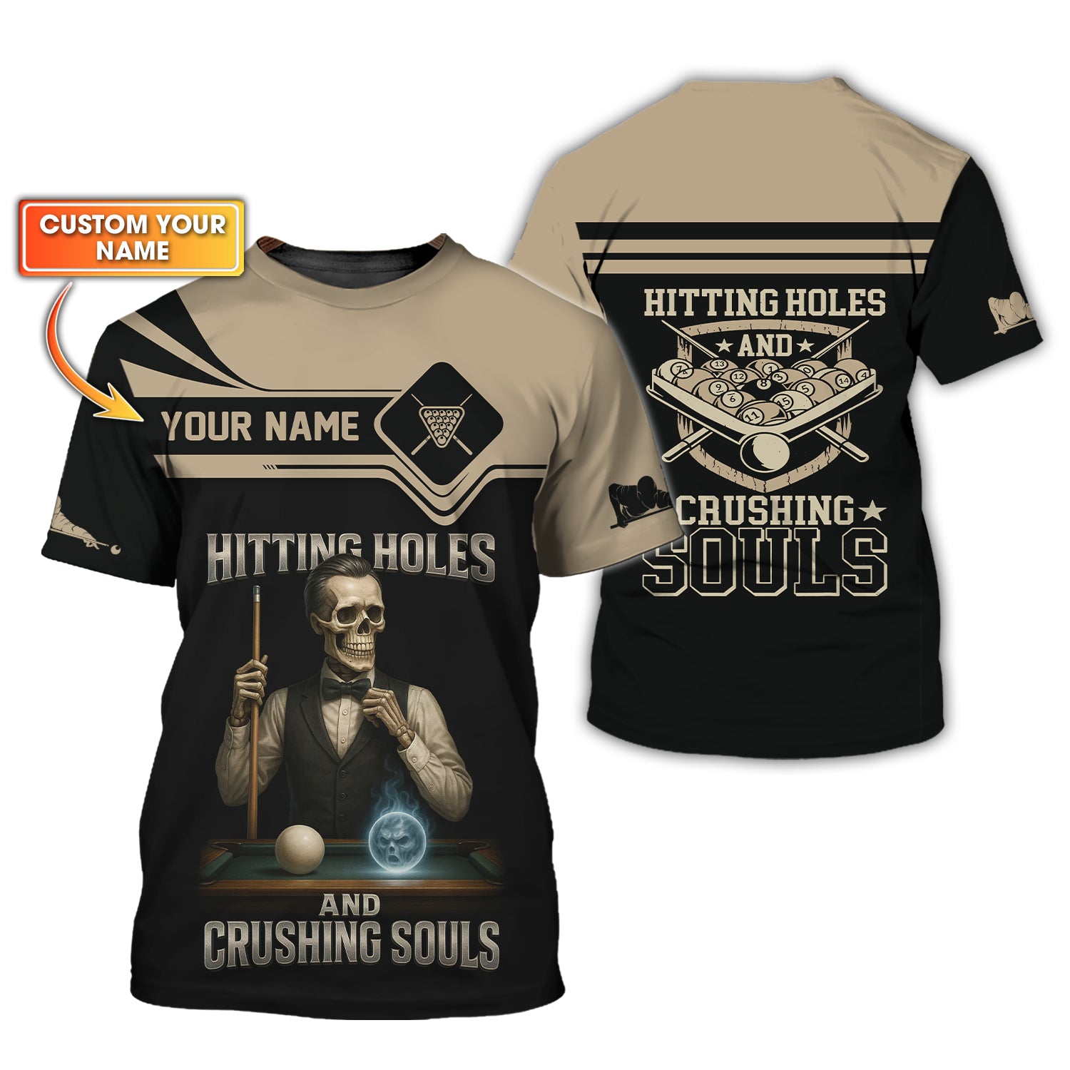 Custom Billiards Shirt, Skeleton Pool Players Tee, Funny Hitting Holes And Crushing Souls, Gift For Billiards Player