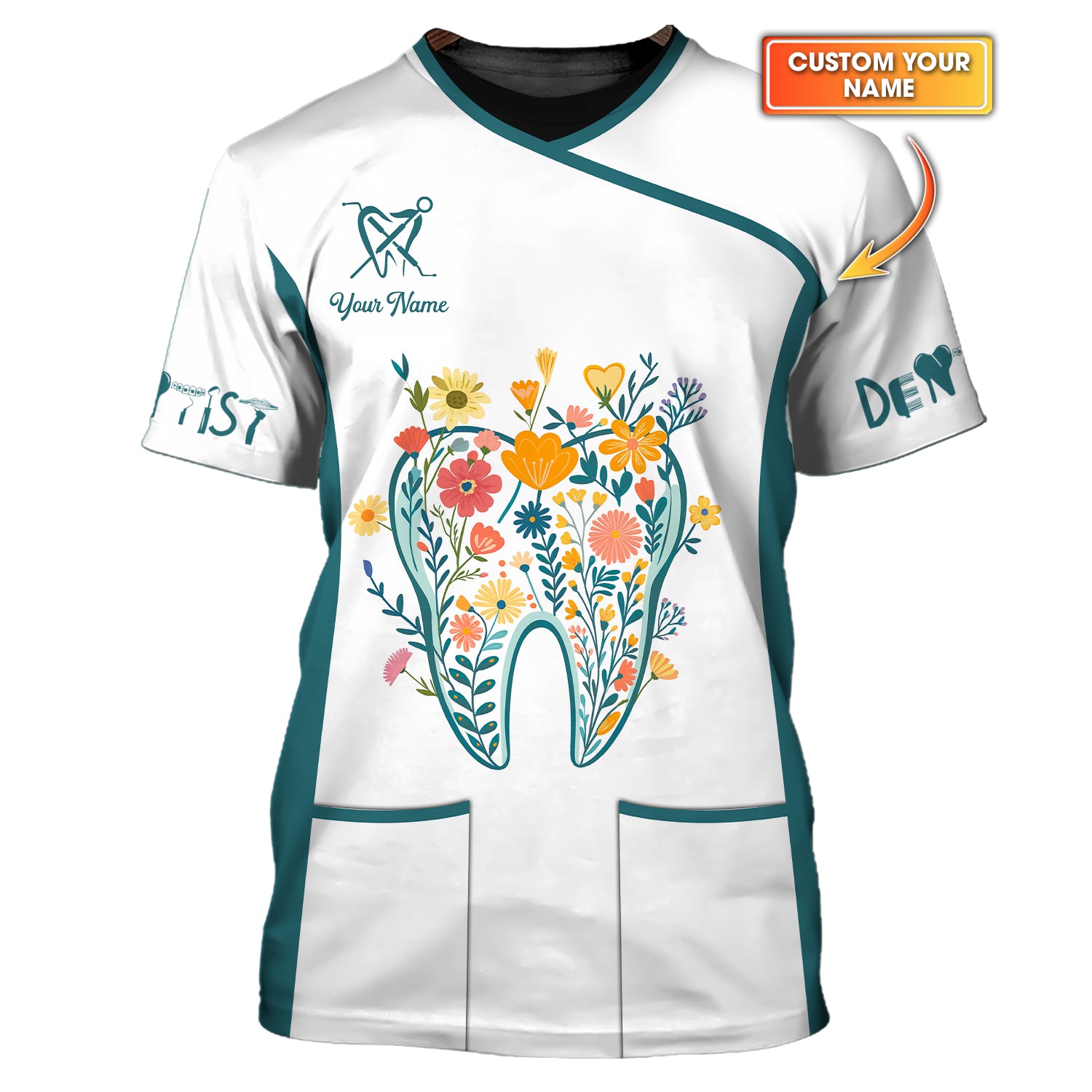 Custom Name Dental Uniform, Floral Tooth Shirt for Dentists, Personalized Dentals Shirts