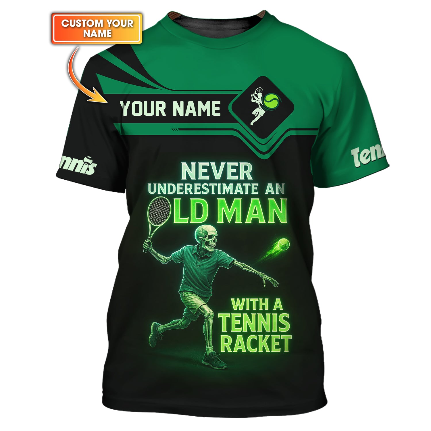 Funny Tennis Shirt for Seniors – Never Underestimate Old Man With Racket – Custom Name Tee
