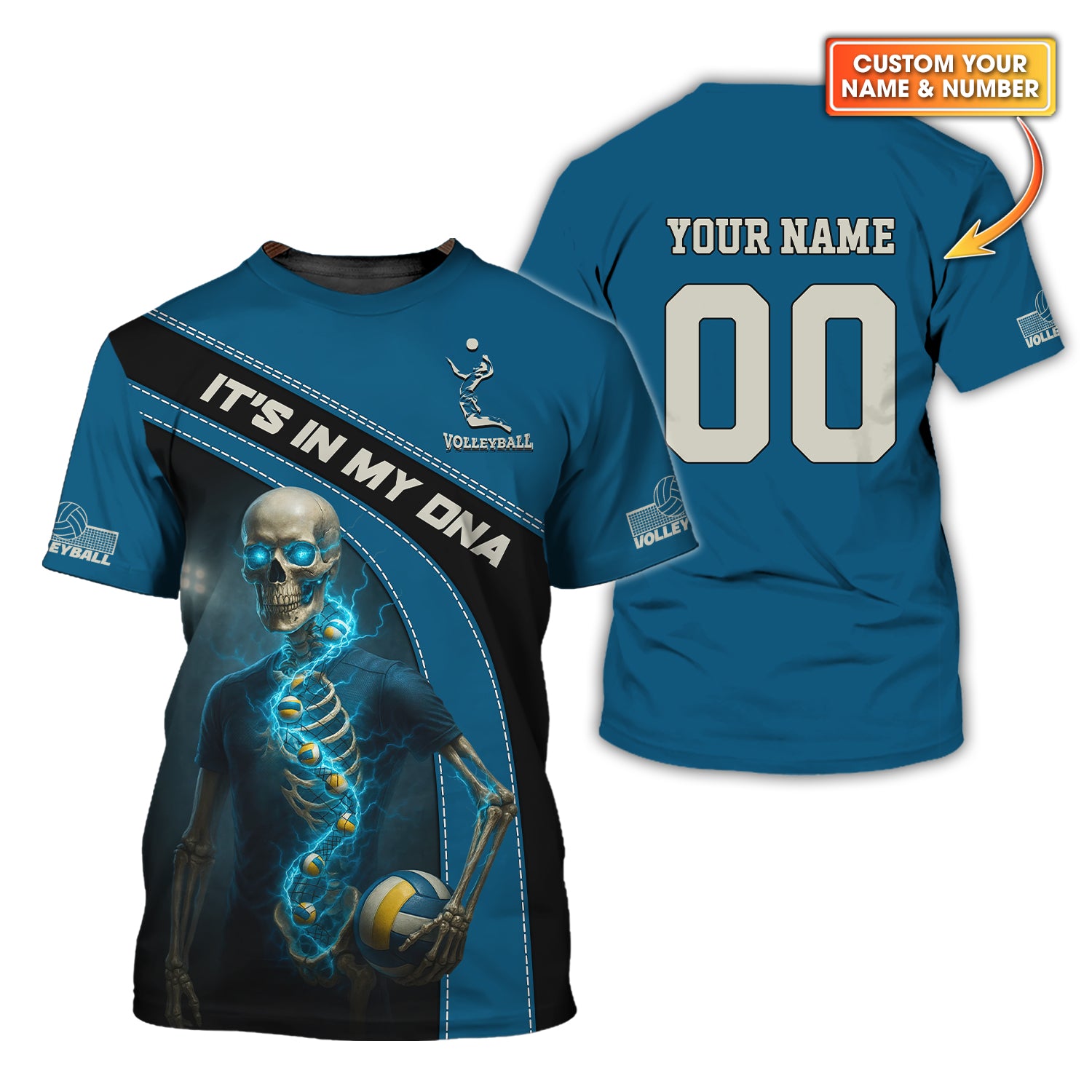 Custom Volleyball Jerseys, Skeleton Volleyball In My DNA T Shirt Blue, Volleyball Gift
