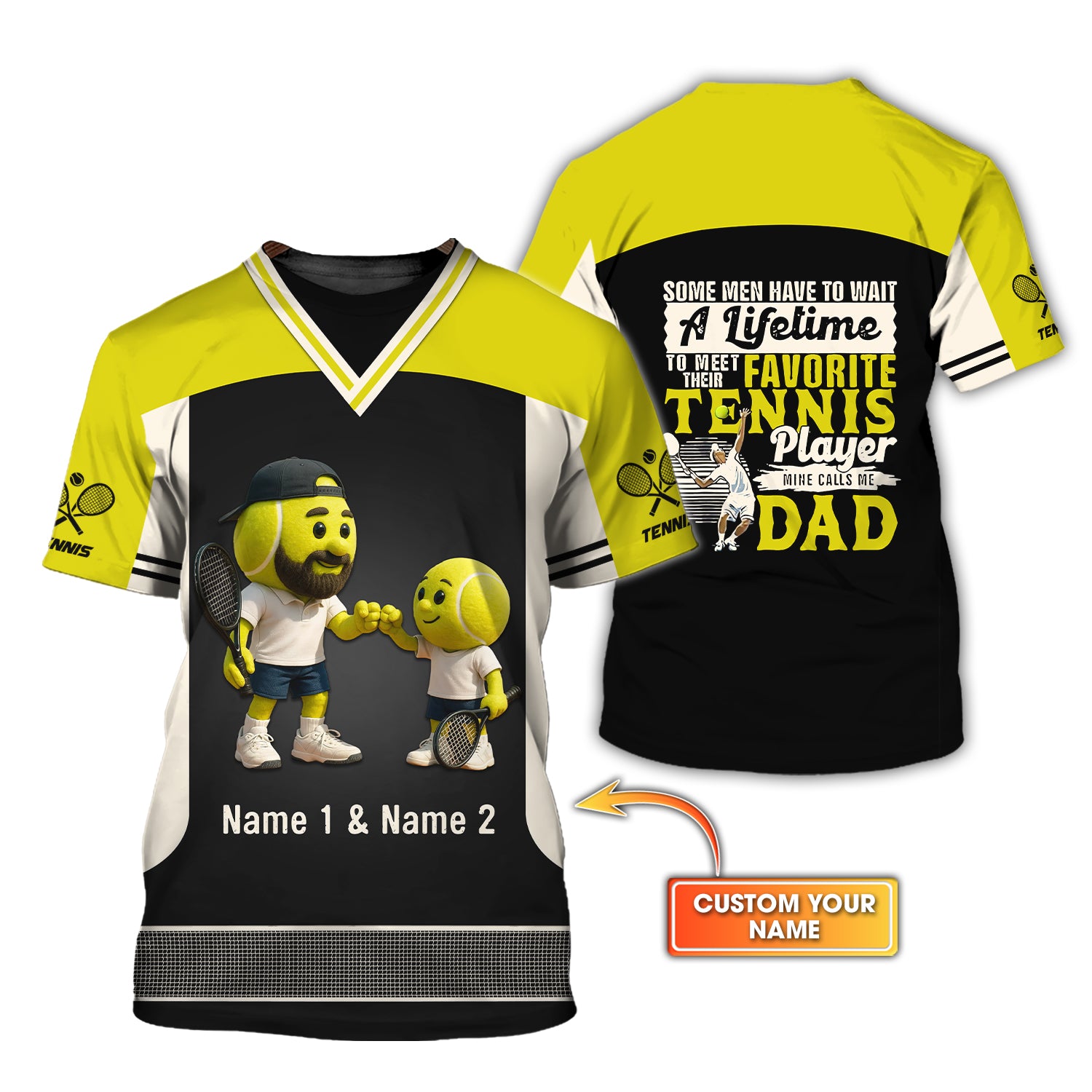 Tennis T Shirt, Yellow Black Tee With Ball Characters Custom Father Son Gift For Him, Gift for Dad