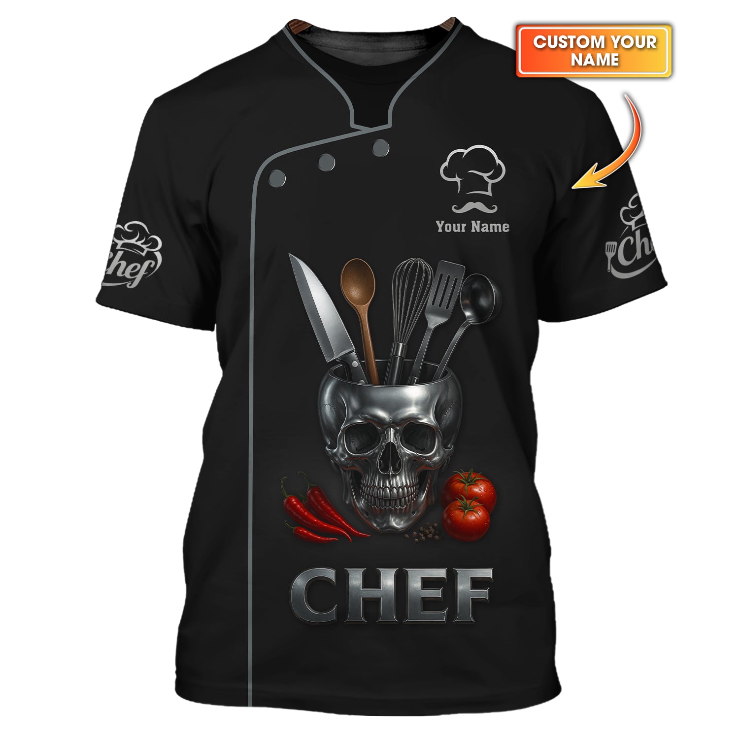 Custom Chef Uniform With Kitchen Tools, Personalized Cooking Shirt, Skull Chef Shirt