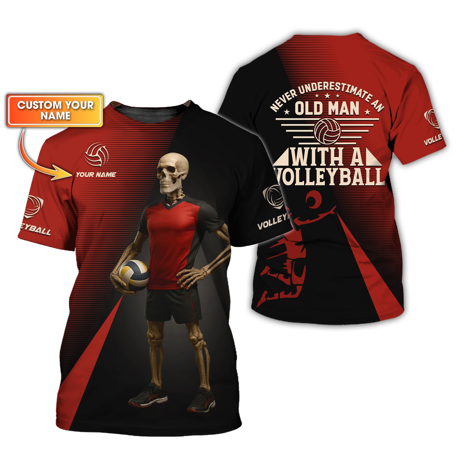 Custom Volleyball Jerseys, Never Underestimate Old Man Volleyball T Shirt Black Red, Volleyball Gift