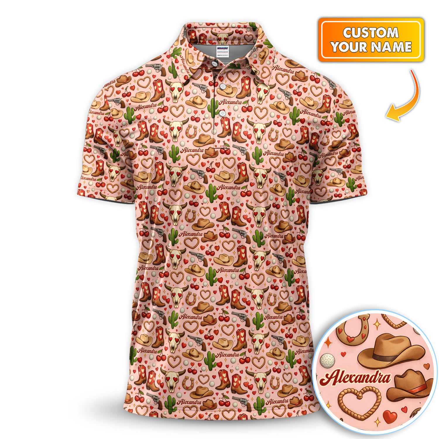Boho Western Cowgirl Boots Cute Cactus Seamless Golf Polos, Custom Golf Shirt For Men, Funny Golf Shirt