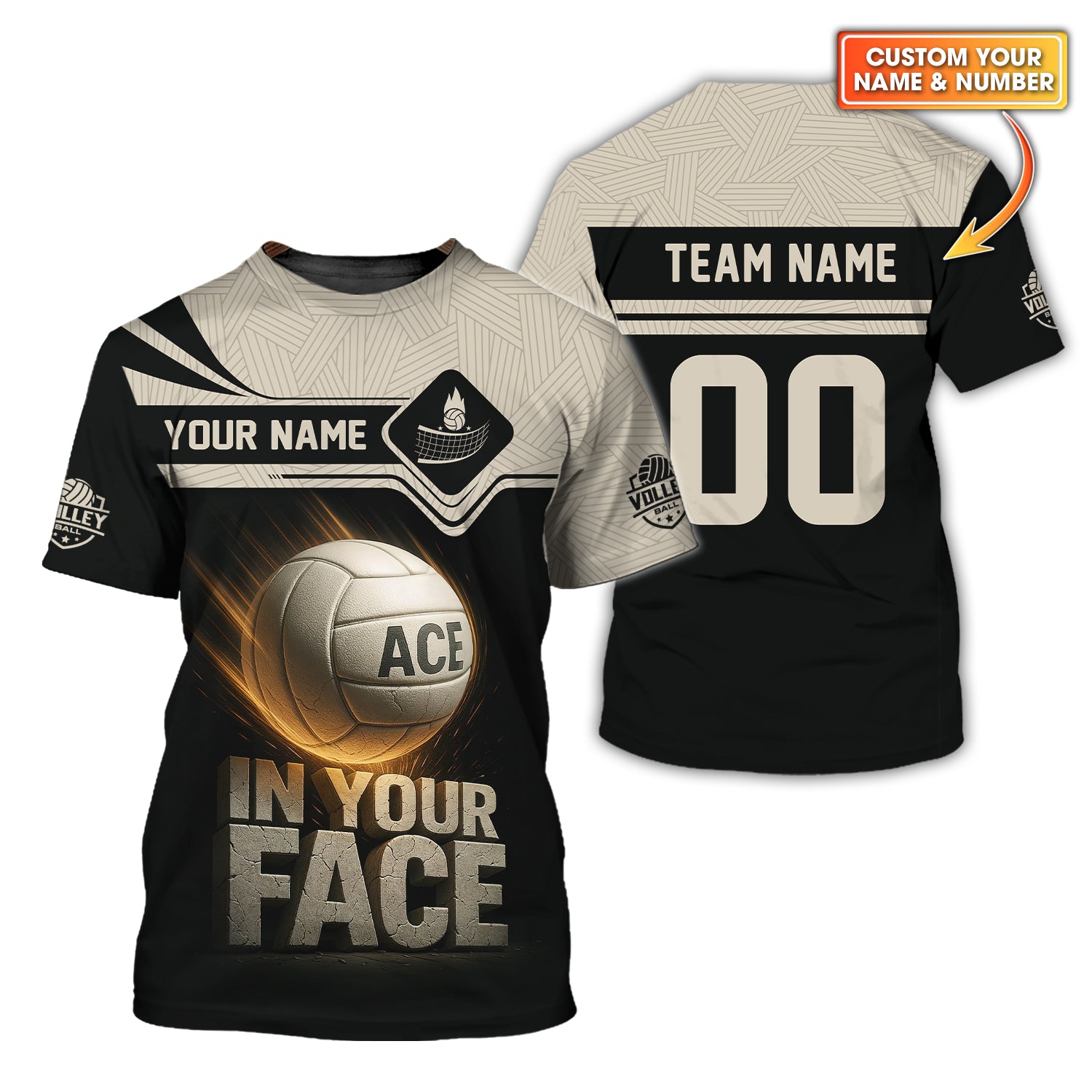 Volleyball Shirt Custom Name Number – In Your Face – ACE Ball Beige Black Design