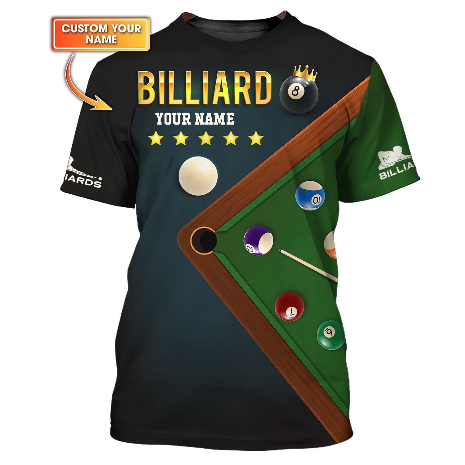 Custom Billiards Shirt – Black Green Pool Table Design with 8-Ball Crown – Personalized Tee for Billiard Players & Fans
