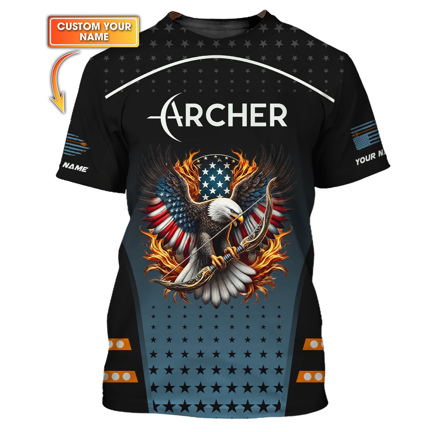 Custom Name Archer America Eagle Jersey, Patriotic Bow & Fire, Archery Polo Shirts