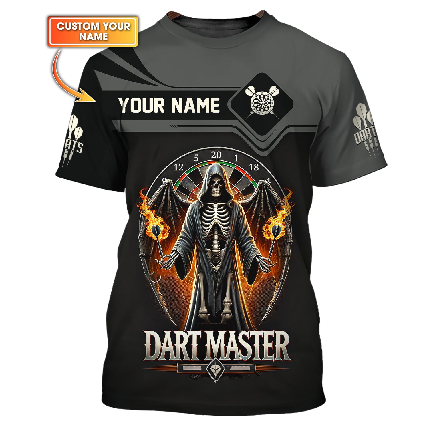 Custom Name Dart Master T Shirt, Grim Reaper Design, Gift For Darts Lovers
