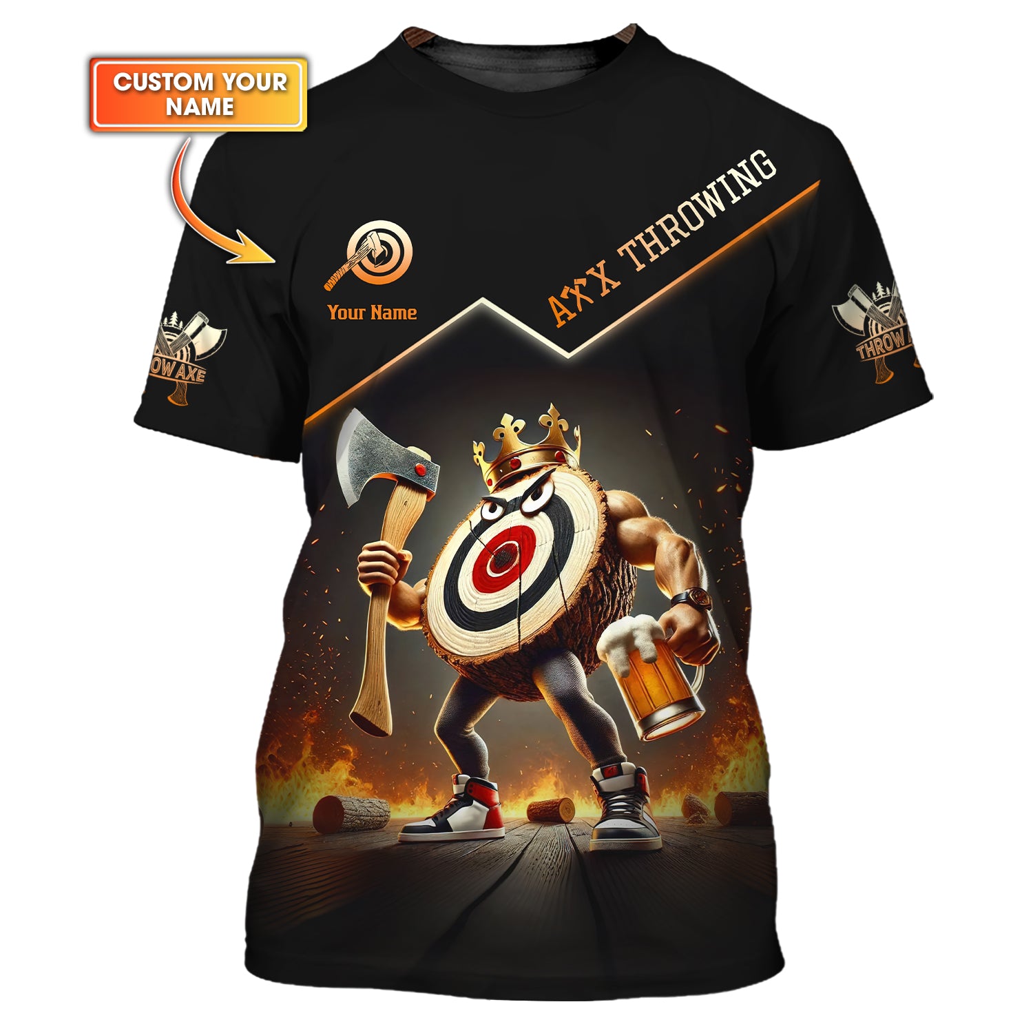Custom Axe Throwing Shirt – Funny Muscular Target King Design with Beer & Axe – Personalized Black & Orange Jersey for Teams & Events